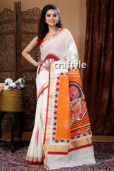 Intricate goddess motif hand painted kerala cotton saree white saree orange red border 1