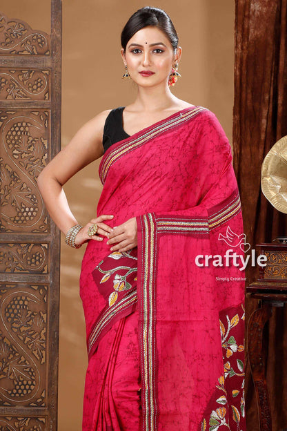 Intricate Hand Batik Kantha Work Cotton Saree-Craftyle