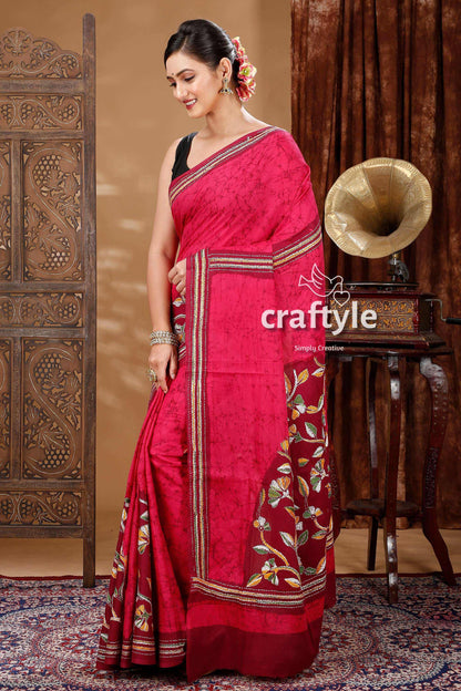 Intricate Hand Batik Kantha Work Cotton Saree-Craftyle