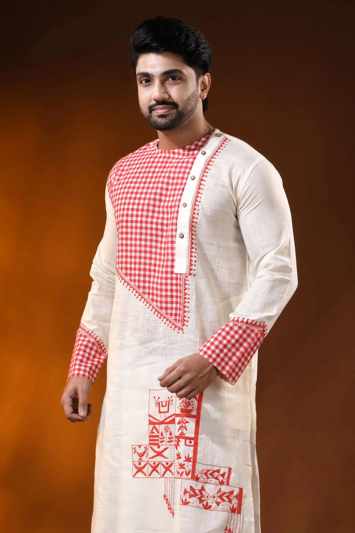 Ivory cotton punjabi for men with kantha and applique check design 2
