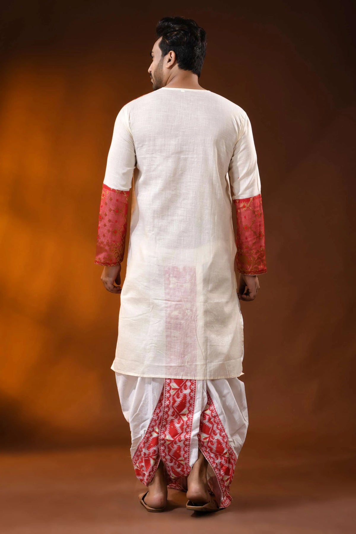 Ivory pure cotton jamdani punjabi for men with kantha stitch design 6