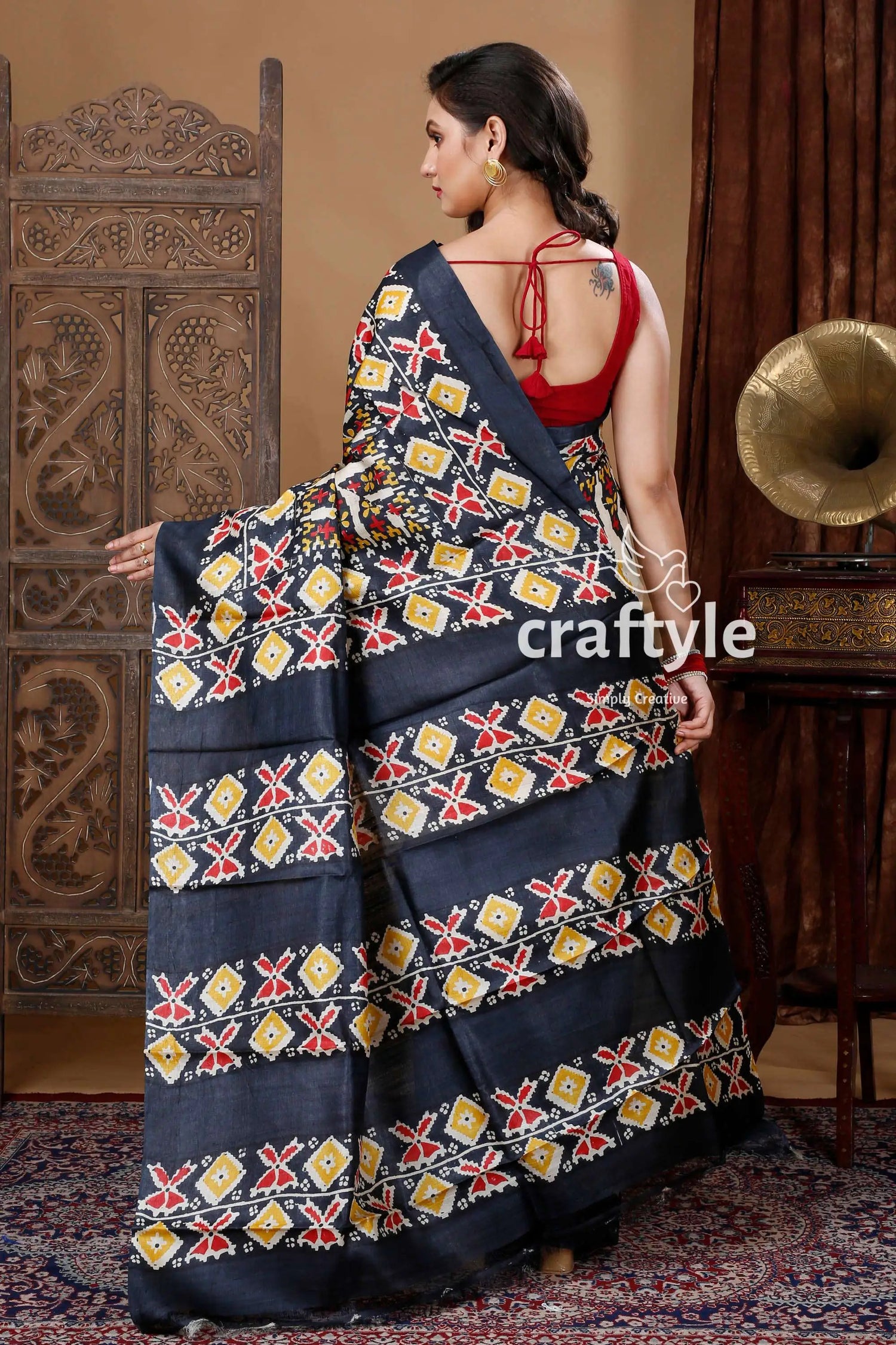 Ivory white & black hand block printed pure tussar saree black saree geometric patterns 4