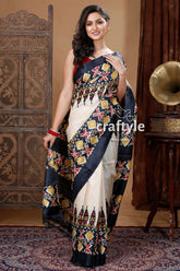 Ivory white & black hand block printed pure tussar saree woman patterned saree 5