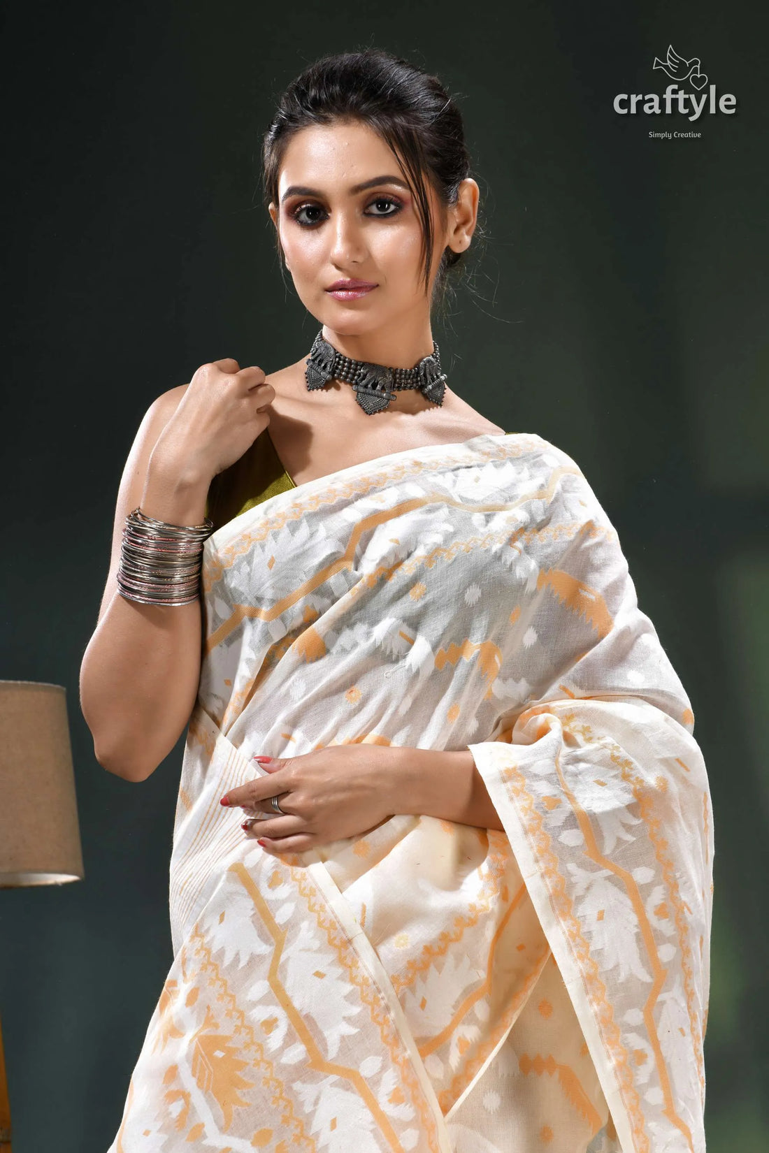 Ivory white classic cotton dhakai jamdani saree orange batik silver 2