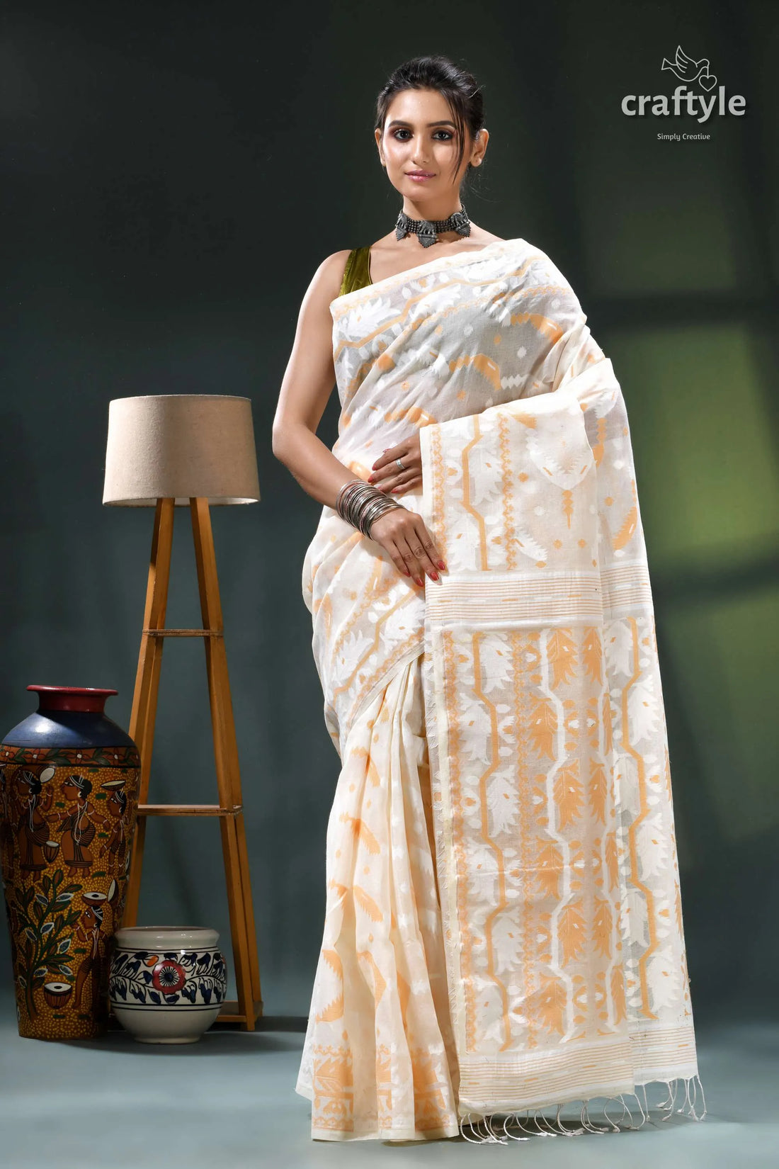 Ivory white classic cotton dhakai jamdani saree cream gold ikat black 1