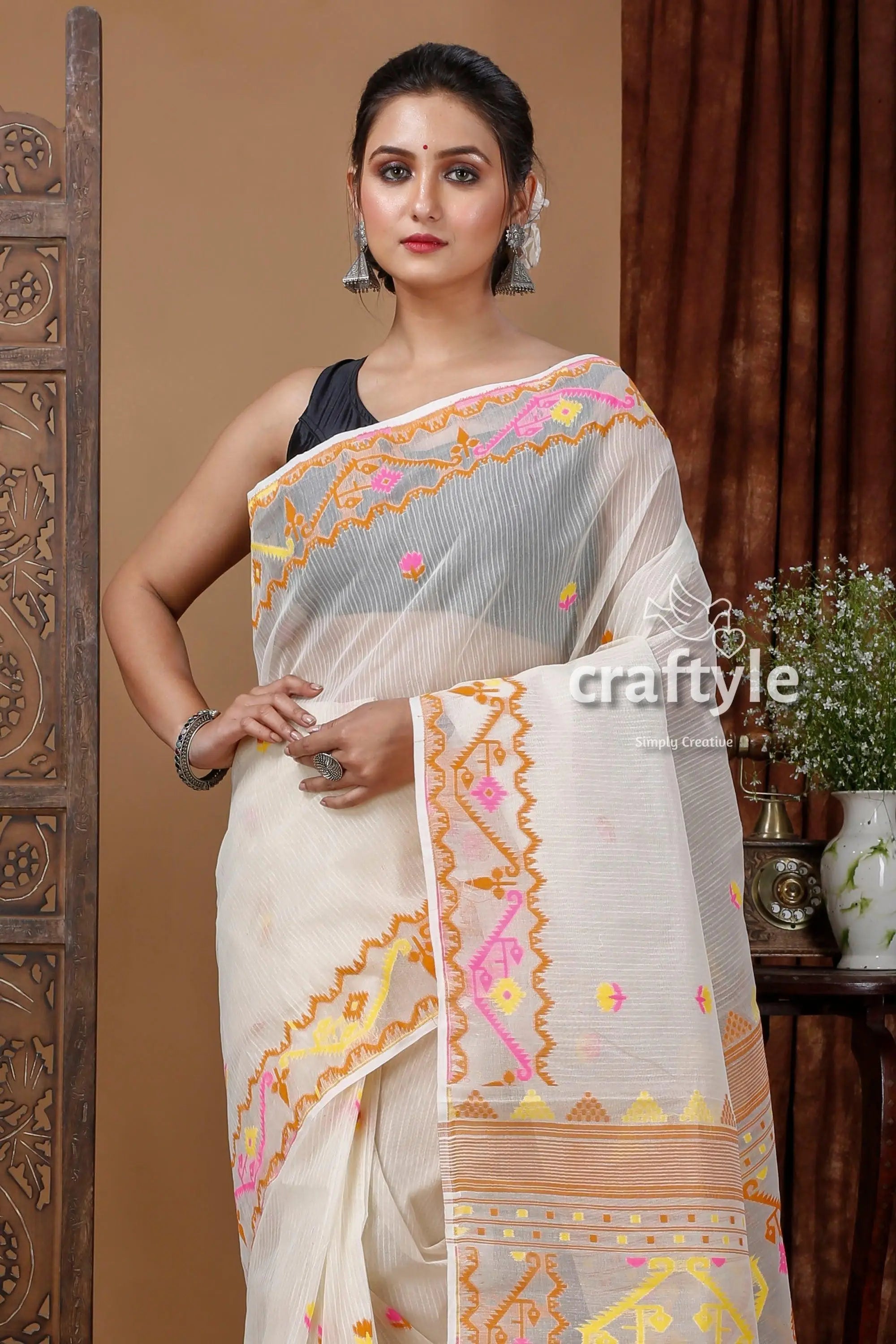 Ivory white dhakai jamdani saree - lightweight and elegant woman white saree colorful embroidery 2