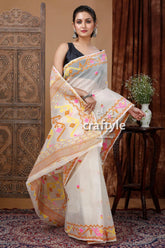 Ivory white dhakai jamdani saree - lightweight and elegant woman white saree colorful embroidery 5