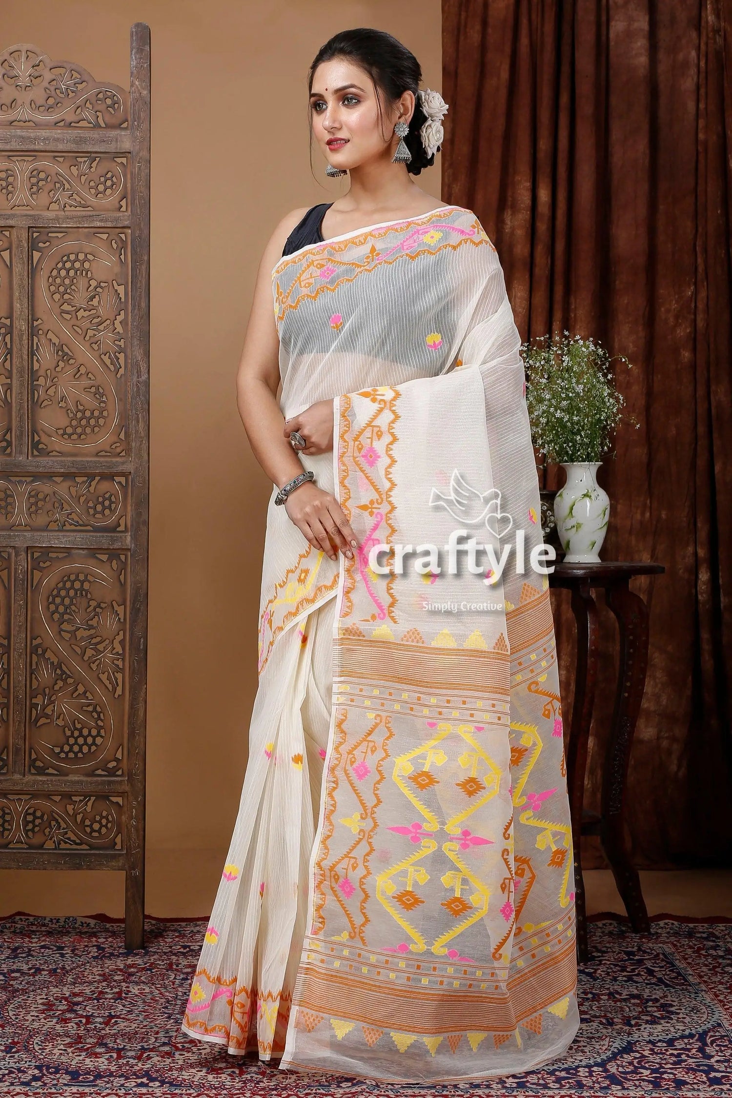 Ivory white dhakai jamdani saree - lightweight and elegant woman white saree colorful geometric 3