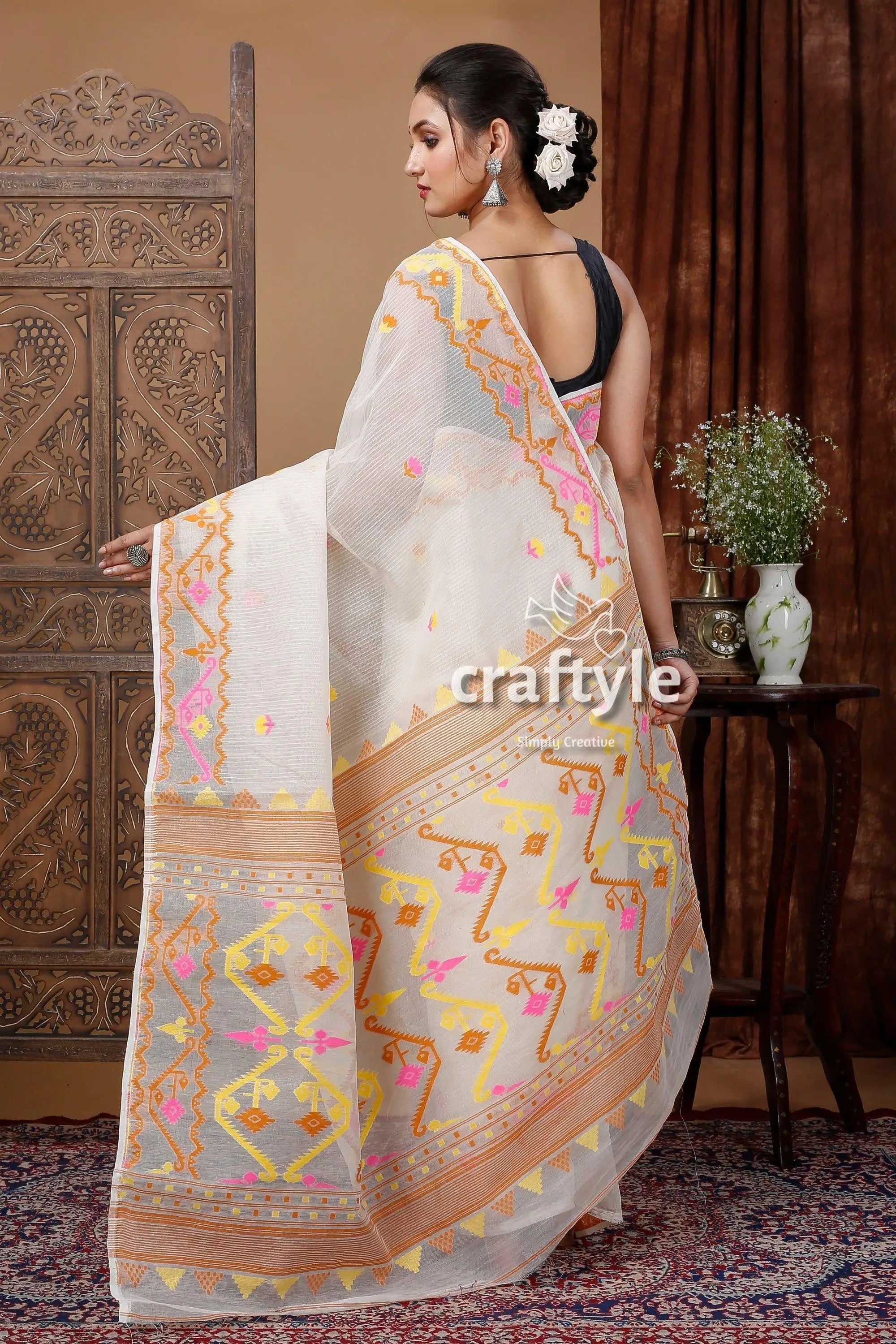Ivory white dhakai jamdani saree - lightweight and elegant woman white saree colorful embroidery 4