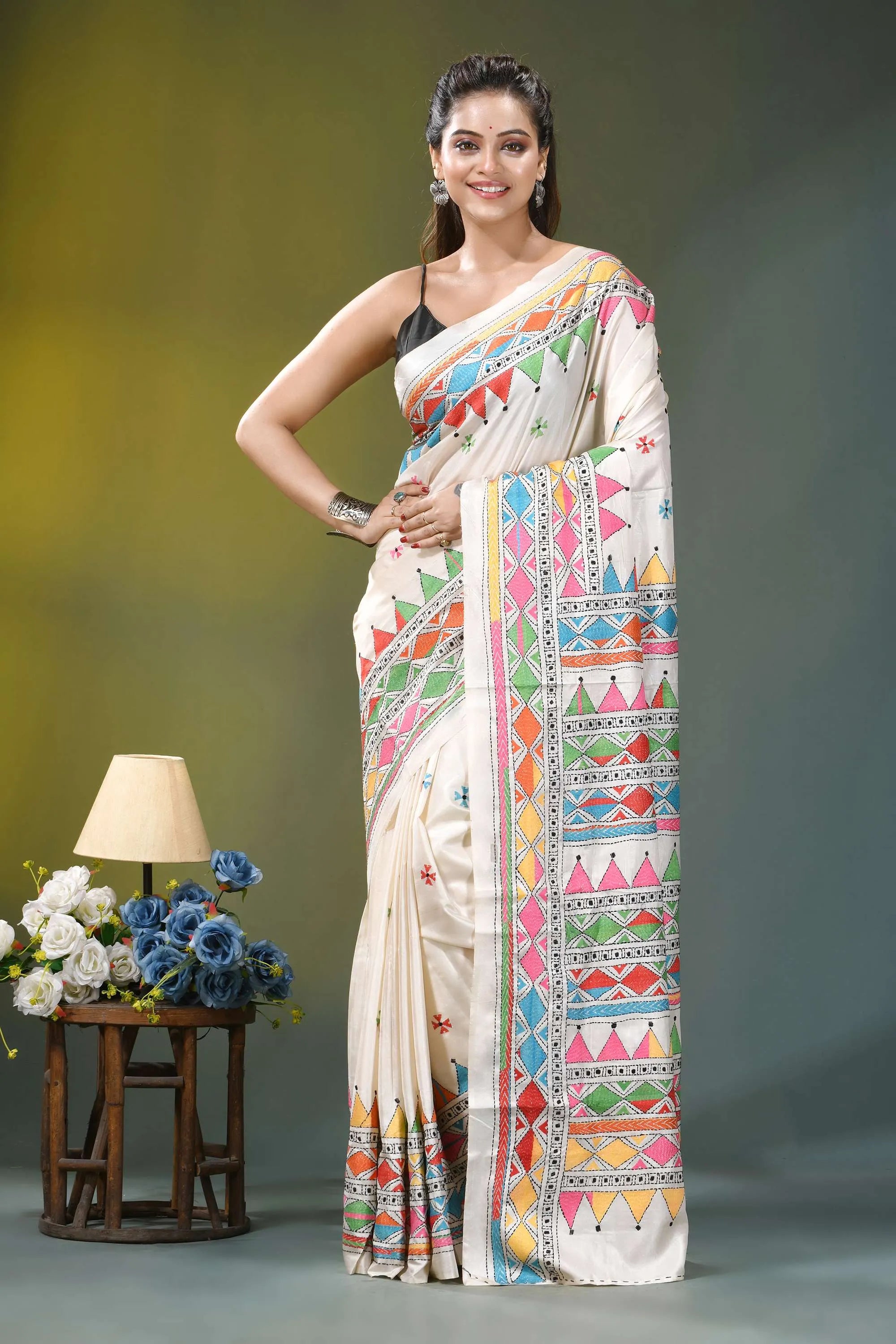 Ivory white geometric hand embroidered silk kantha saree woman wears cream-colored silk saree 7
