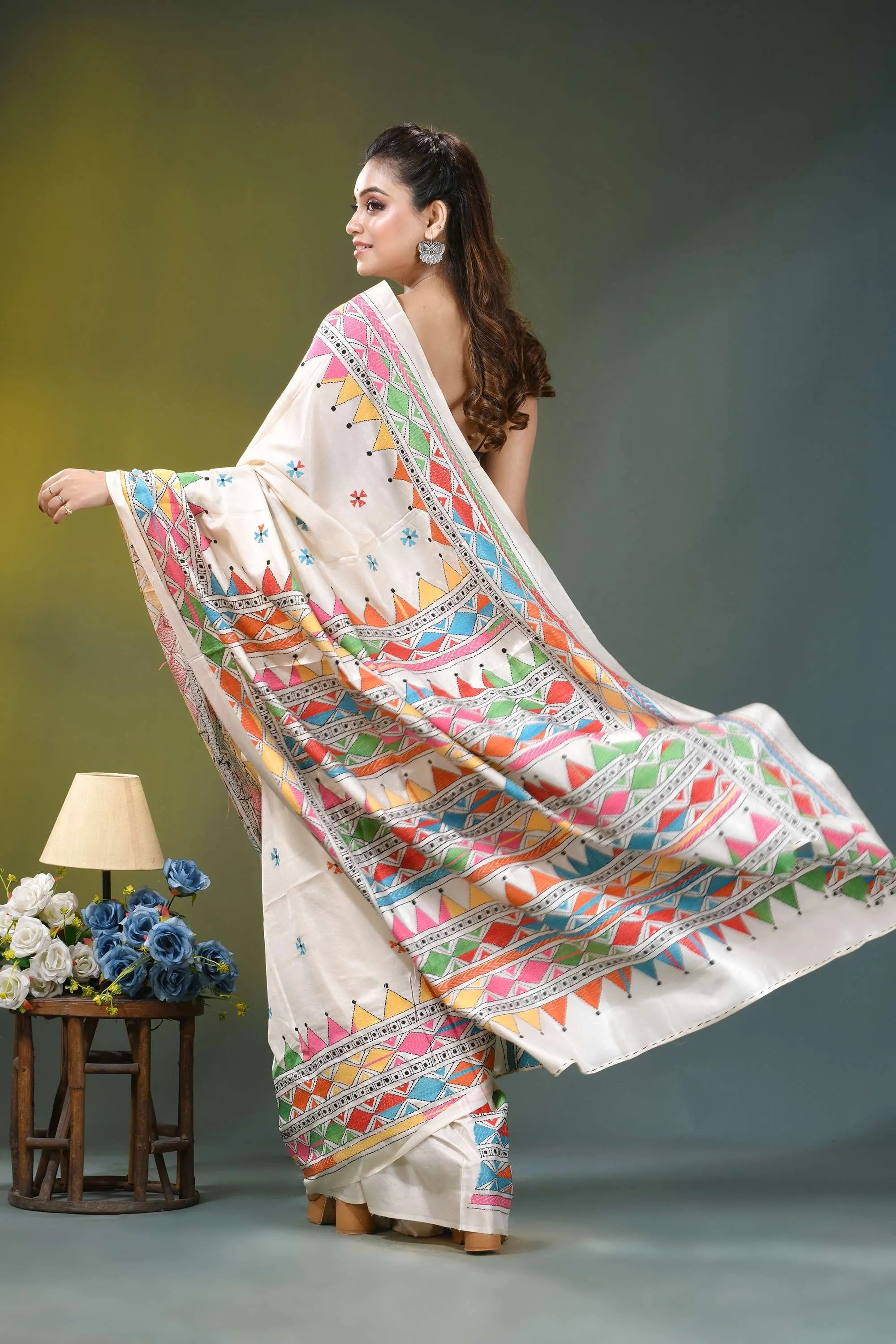 Ivory white geometric hand embroidered silk kantha saree vibrant off-white saree adorned intricate 4