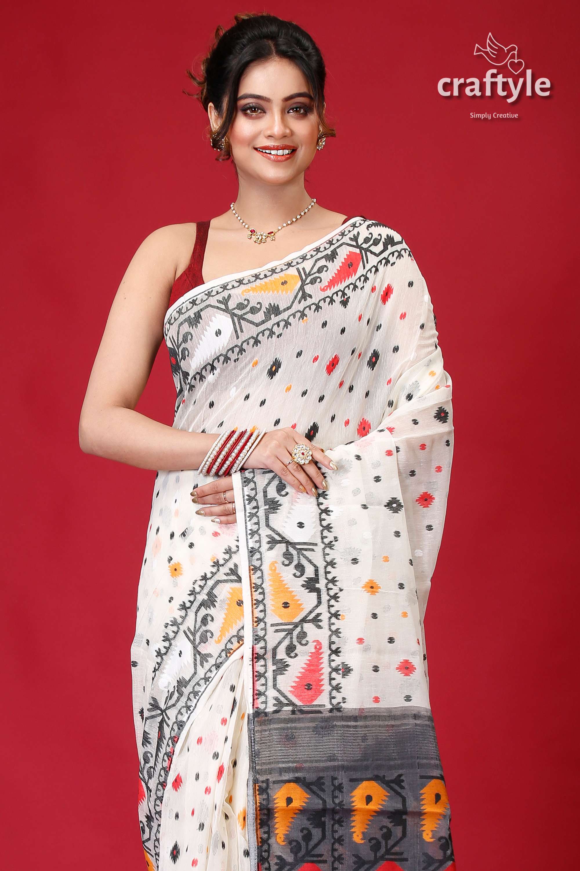 Ivory White Graceful Soft Jamdani Saree-Craftyle