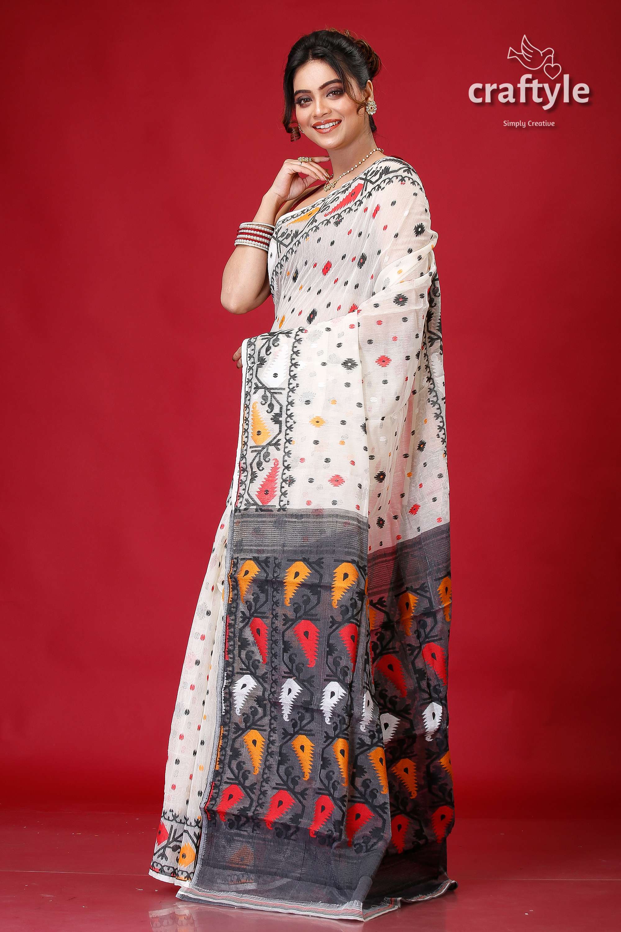 Ivory White Graceful Soft Jamdani Saree-Craftyle
