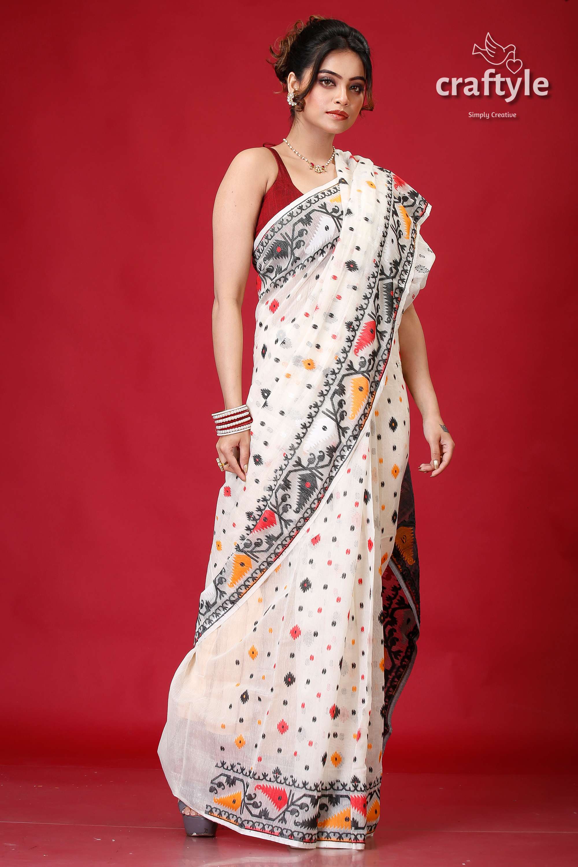 Ivory White Graceful Soft Jamdani Saree-Craftyle