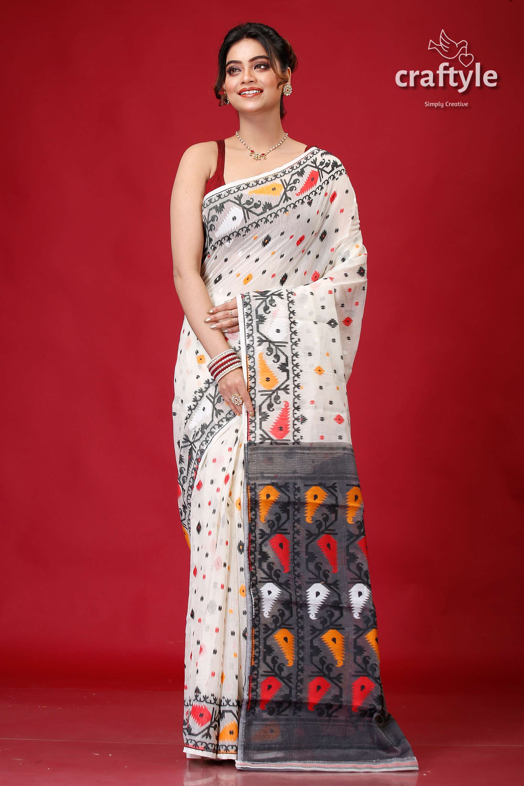 Ivory White Graceful Soft Jamdani Saree-Craftyle