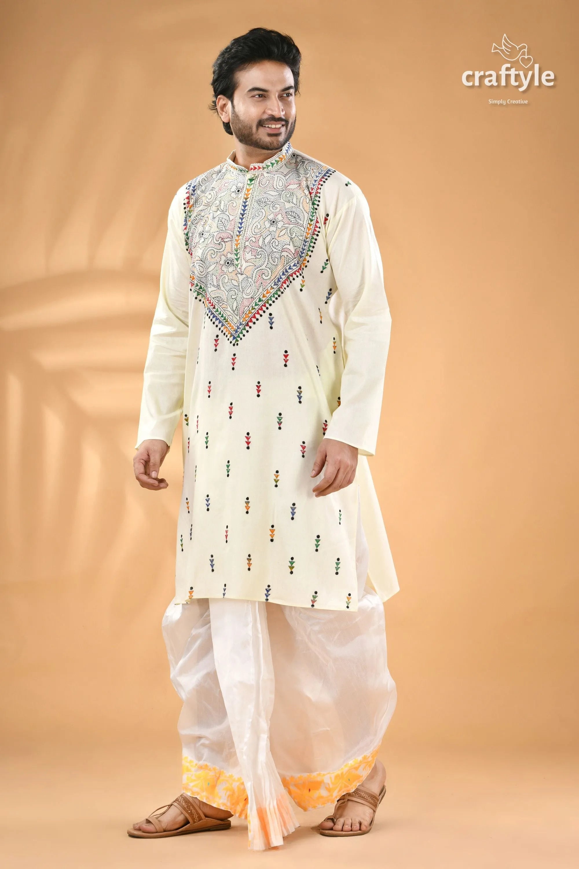 Ivory white hand kantha stitch cotton kurta for men - reverse cream-colored men’s intricate embroidery 4