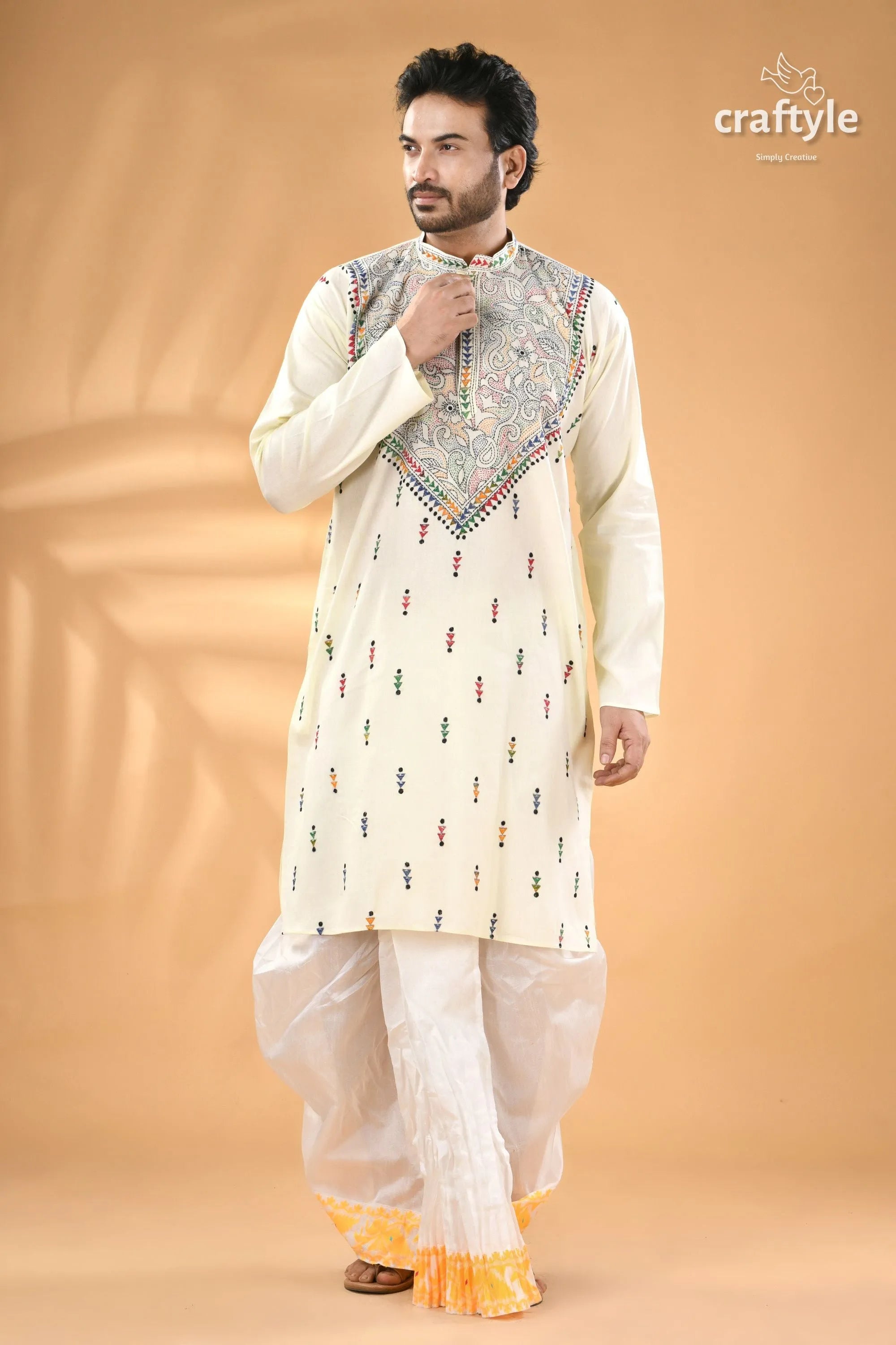 Ivory white hand kantha stitch cotton kurta for men - reverse men’s off-white colorful embroidered 5