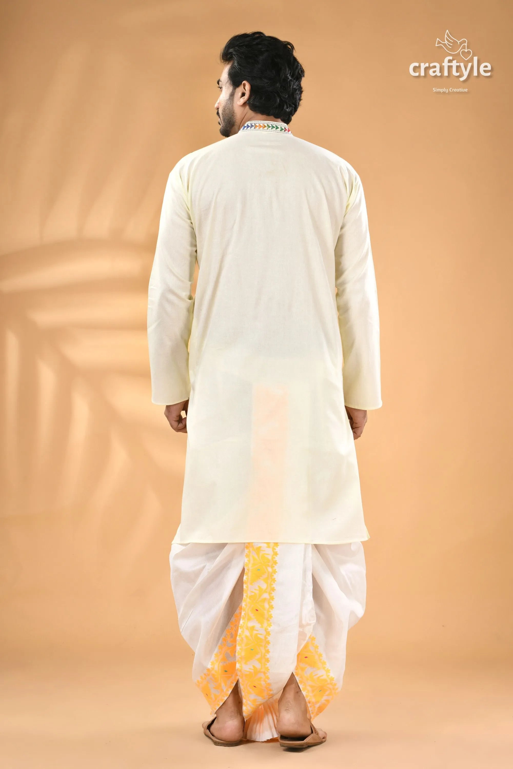 Ivory white hand kantha stitch cotton kurta for men - reverse man cream-colored colorful embroidered 6