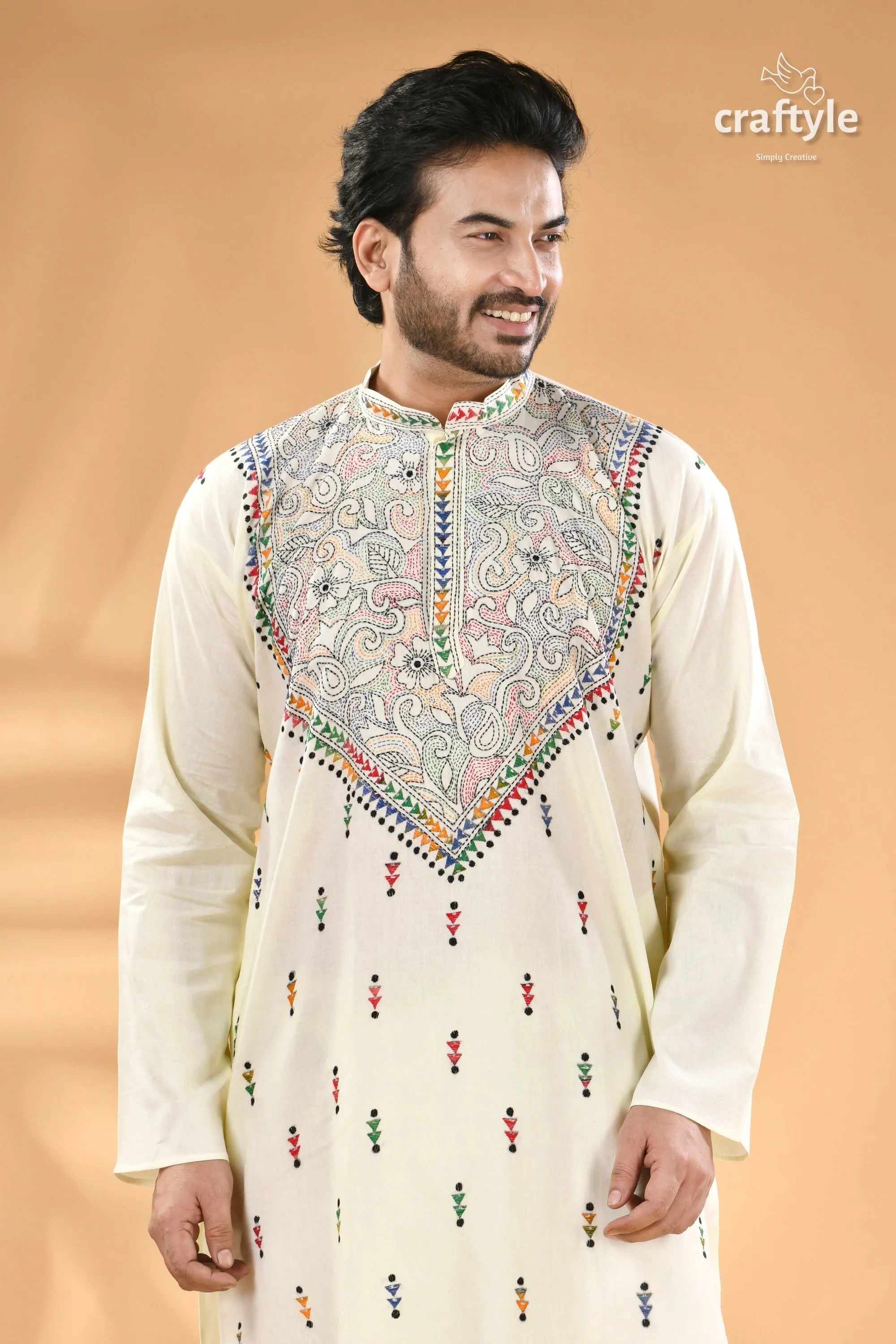 Ivory white hand kantha stitch cotton kurta for men - reverse men’s off-white intricate colorful 2