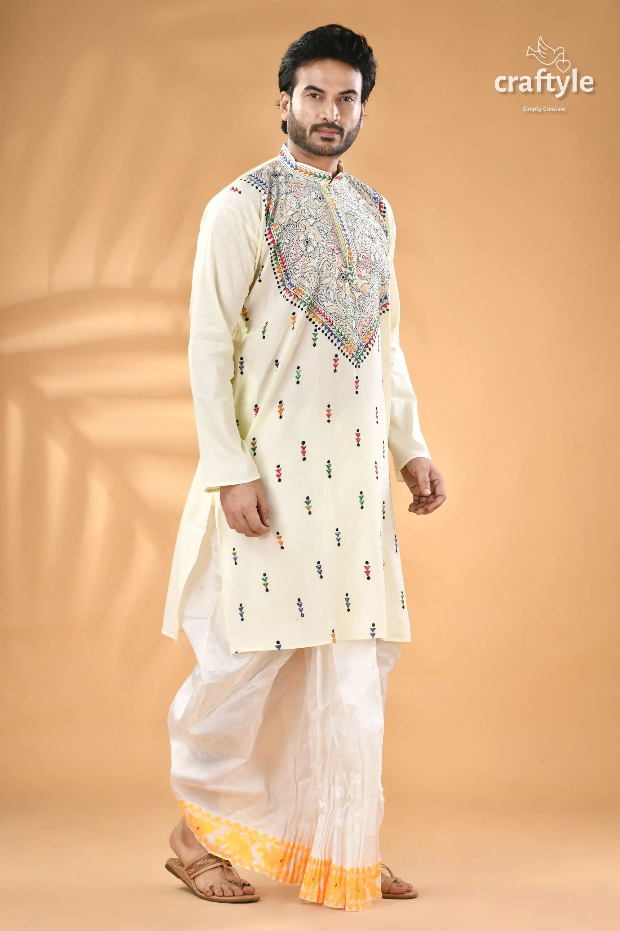 Ivory white hand kantha stitch cotton kurta for men - reverse men’s off-white colorful embroidered 3
