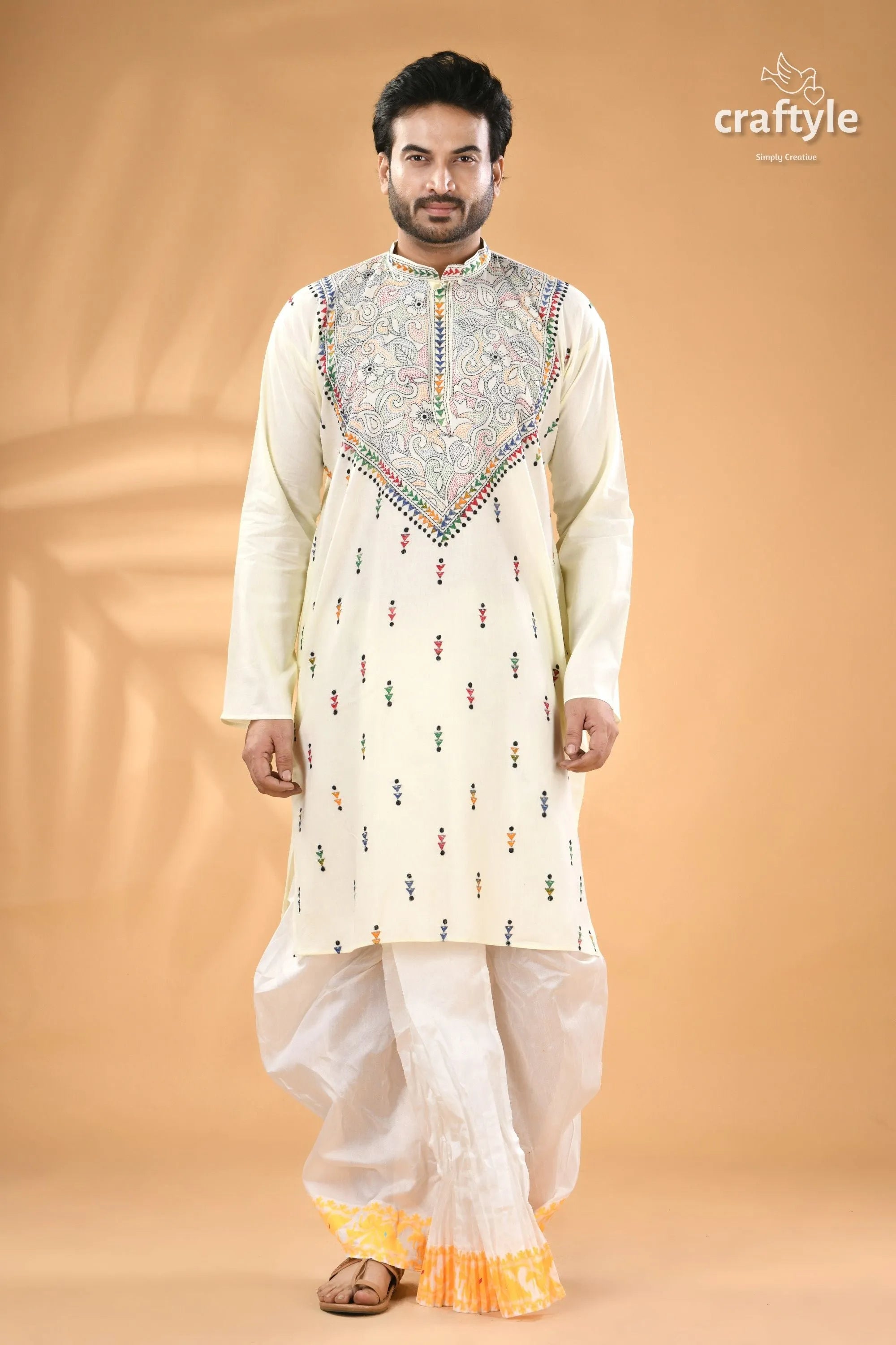 Ivory white hand kantha stitch cotton kurta for men - reverse men’s off-white panjabi colorful 1