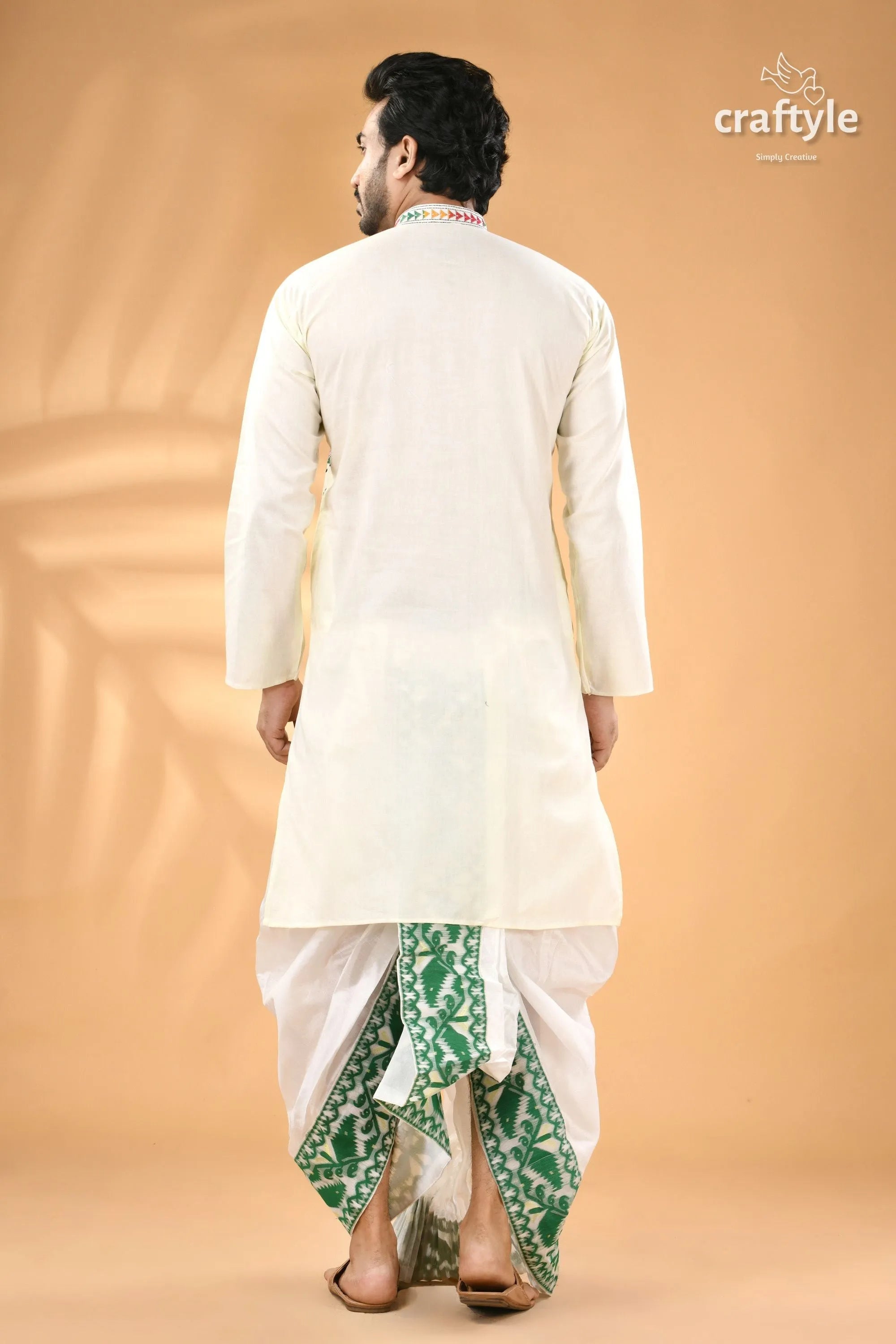 Ivory white kantha embroidery cotton mens kurta - reverse stitch men’s off-white green 7