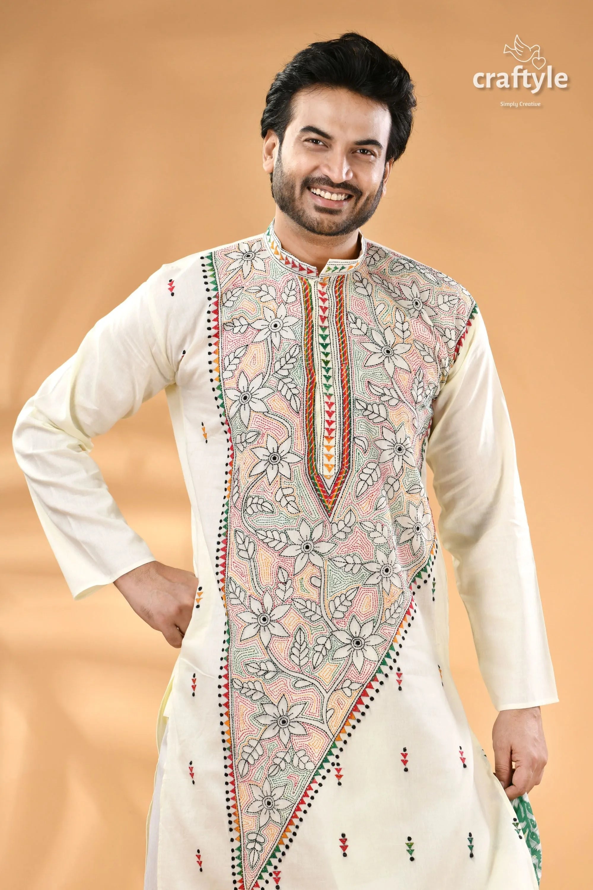 Ivory white kantha embroidery cotton mens kurta - reverse stitch men’s off-white colorful floral 2