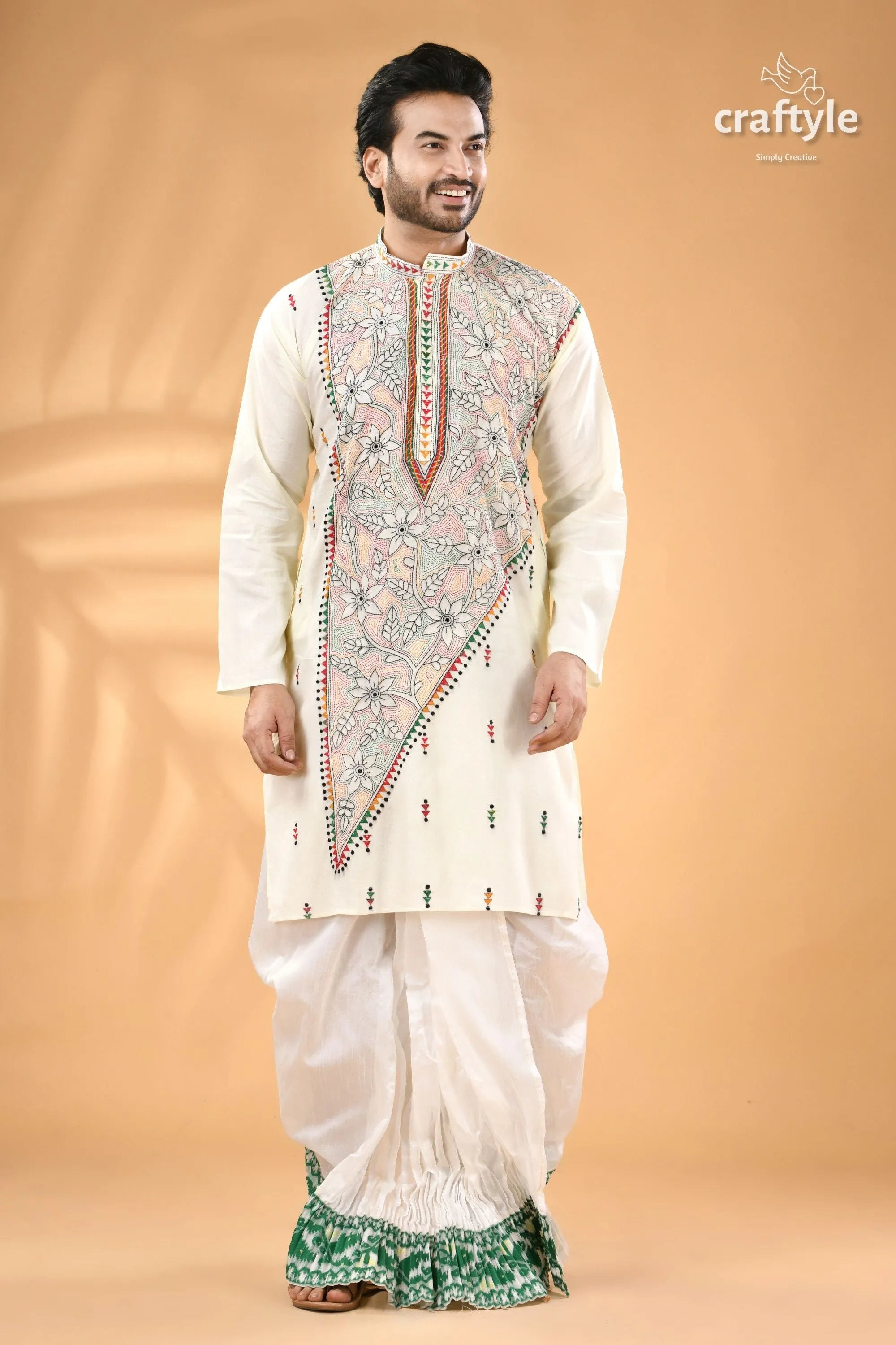 Ivory white kantha embroidery cotton mens kurta - reverse stitch men’s cream-colored embroidered dhoti 5