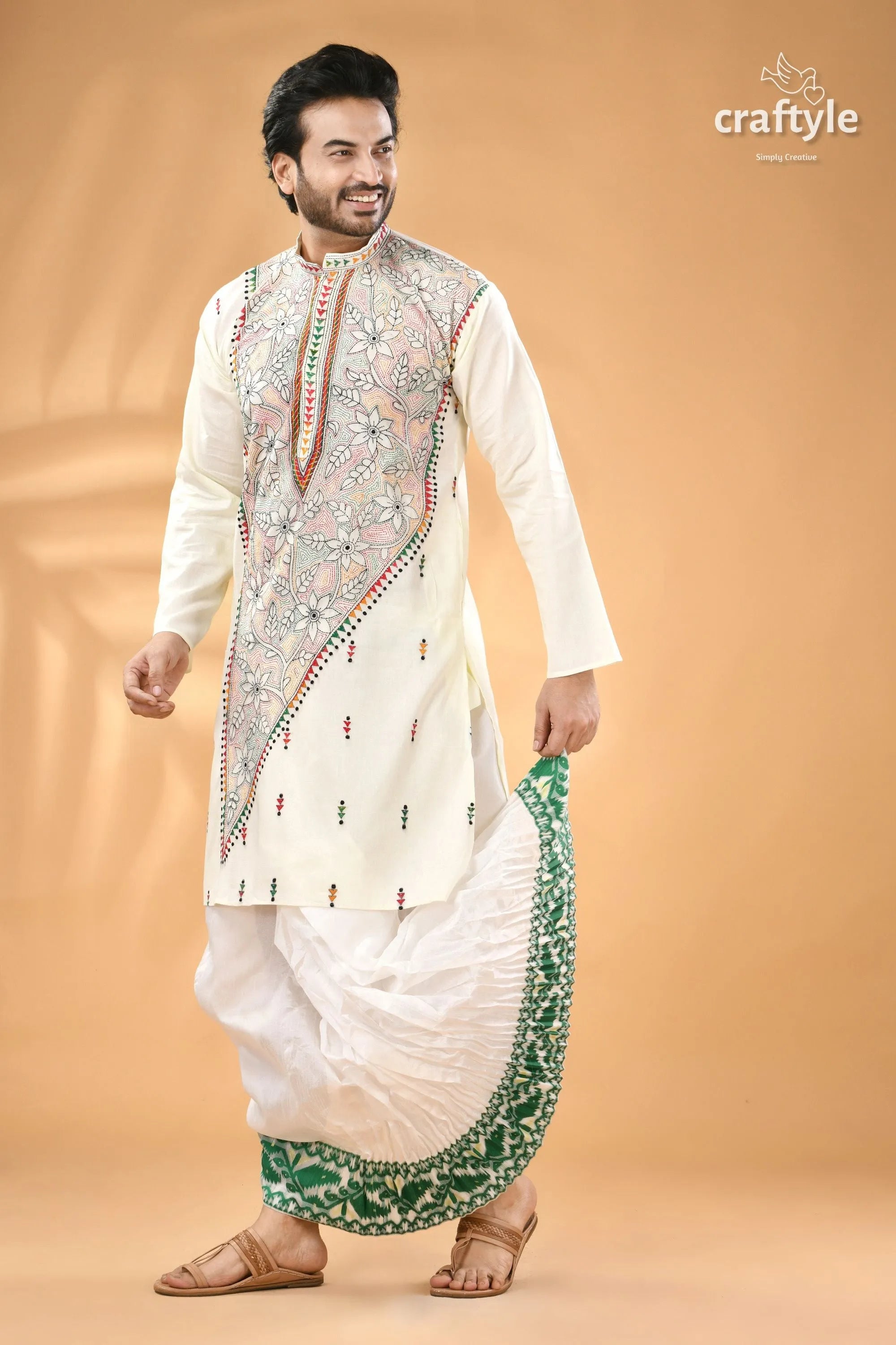 Ivory white kantha embroidery cotton mens kurta - reverse stitch men’s embroidered dhoti 6
