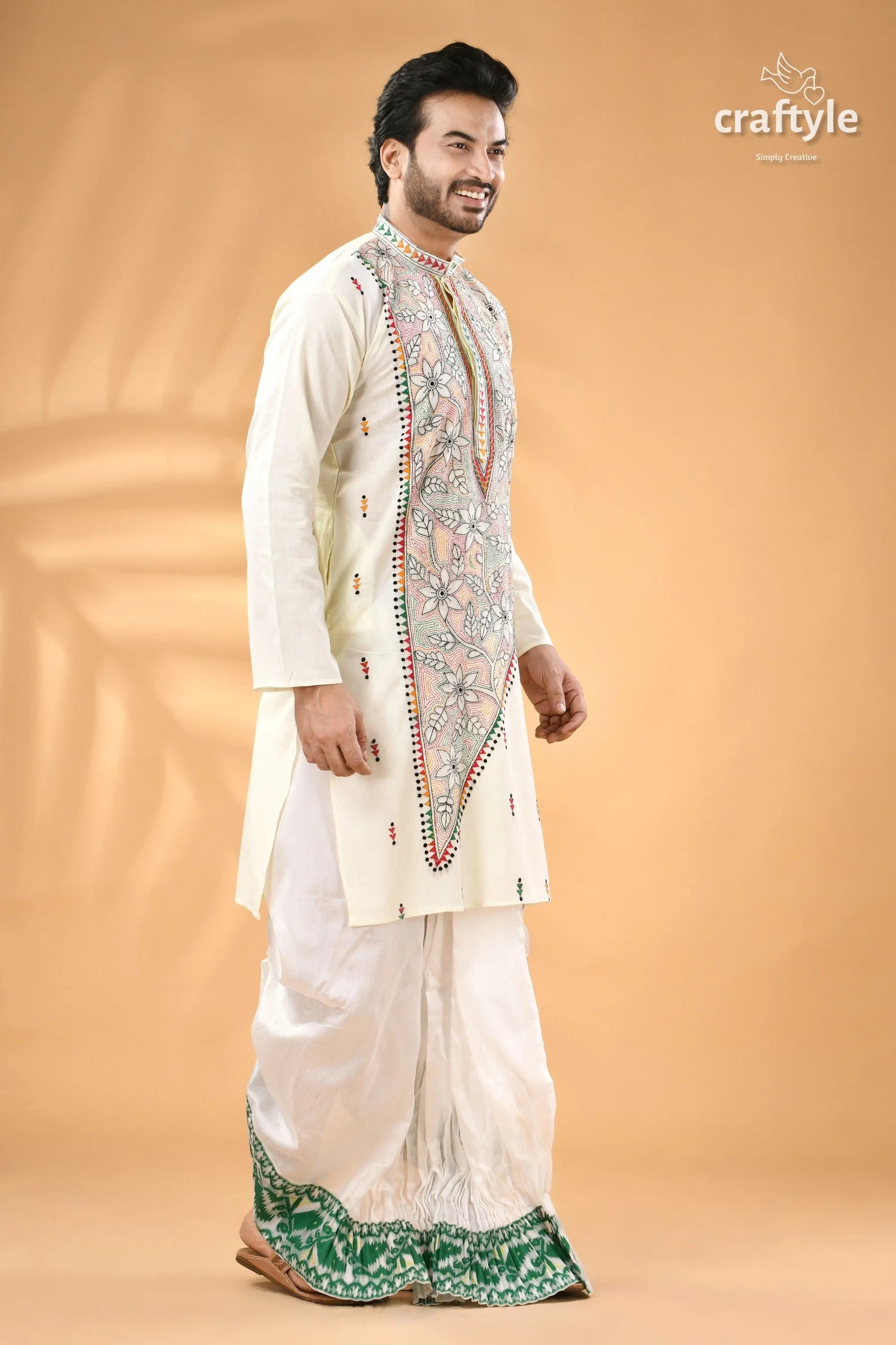 Ivory white kantha embroidery cotton mens kurta - reverse stitch men’s off-white colorful embroidered 4