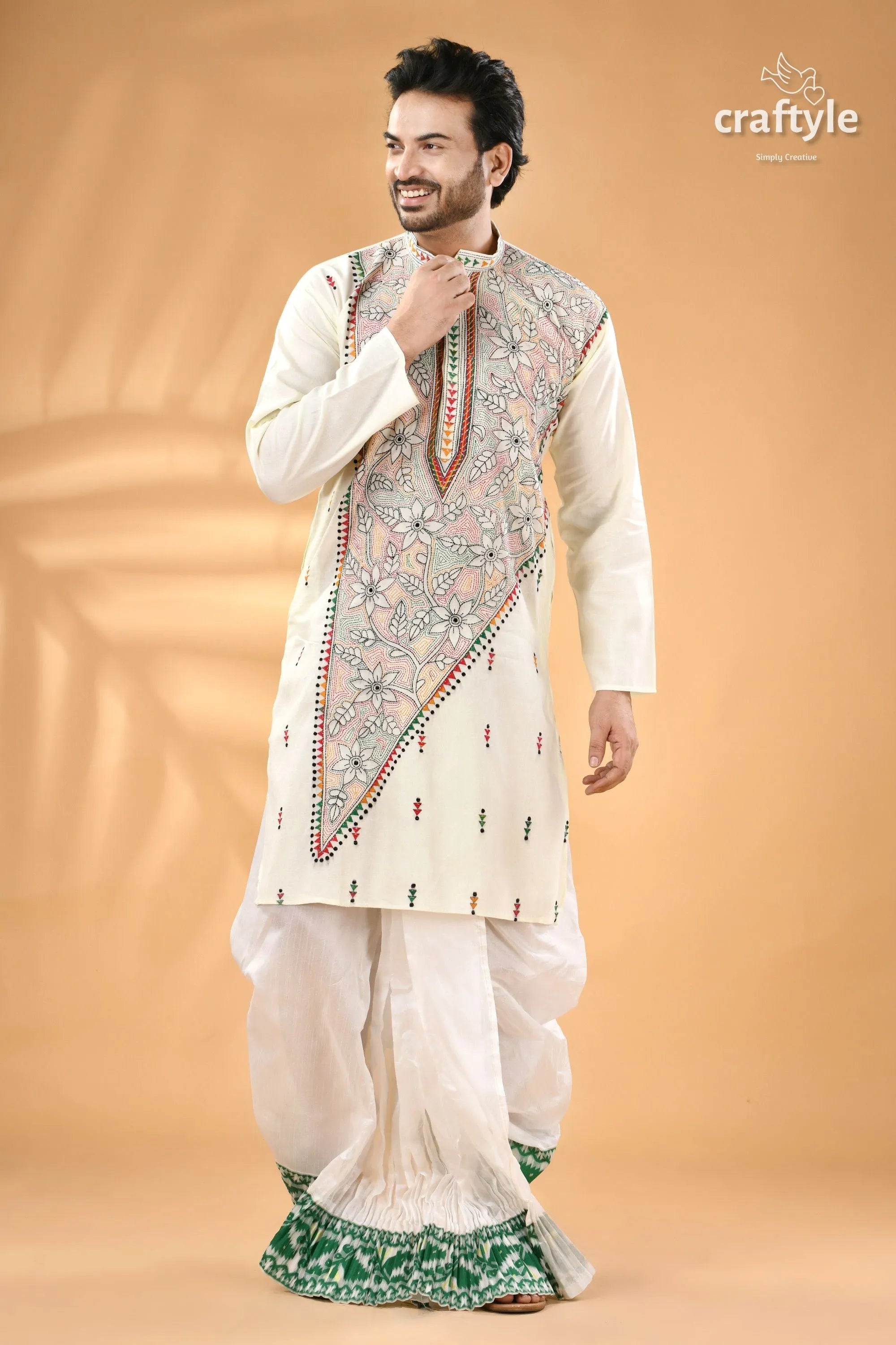 Ivory white kantha embroidery cotton mens kurta - reverse stitch men’s off-white blend 3