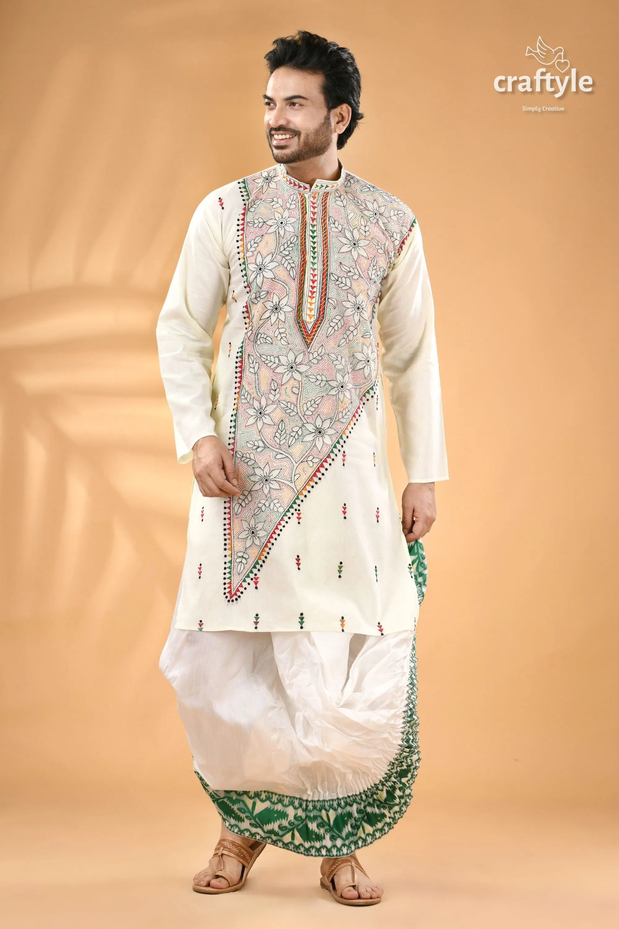 Ivory white kantha embroidery cotton mens kurta - reverse stitch men’s off-white embroidered green 1