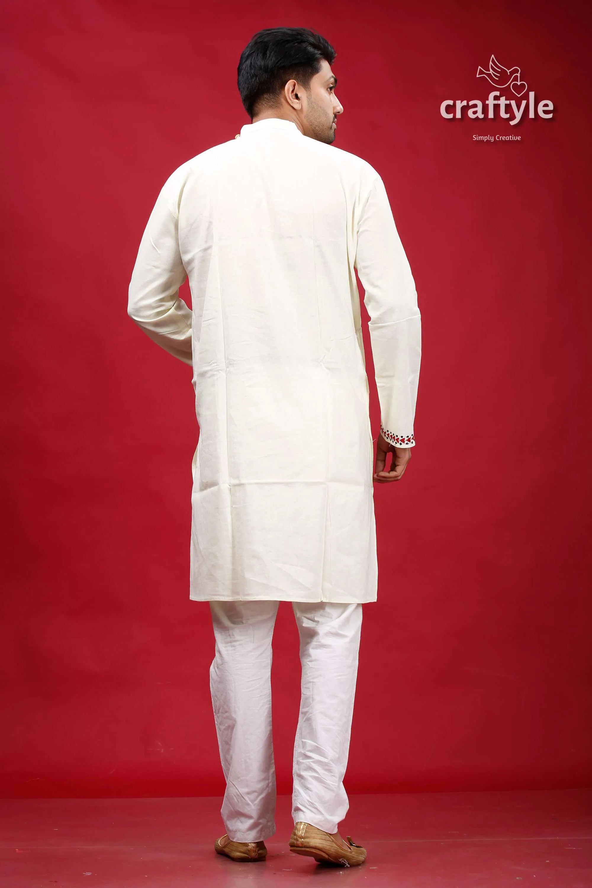 Ivory white kantha work ethnic cotton kurta for men man cream-colored long-sleeved subtle 5