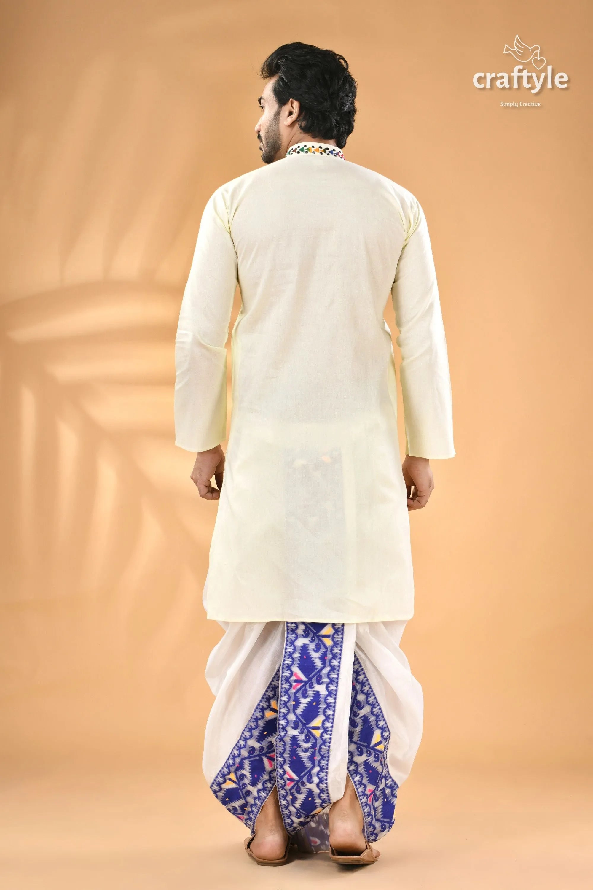 Ivory white kantha work men’s kurta - reverse stitch off-white colorful embroidered 6
