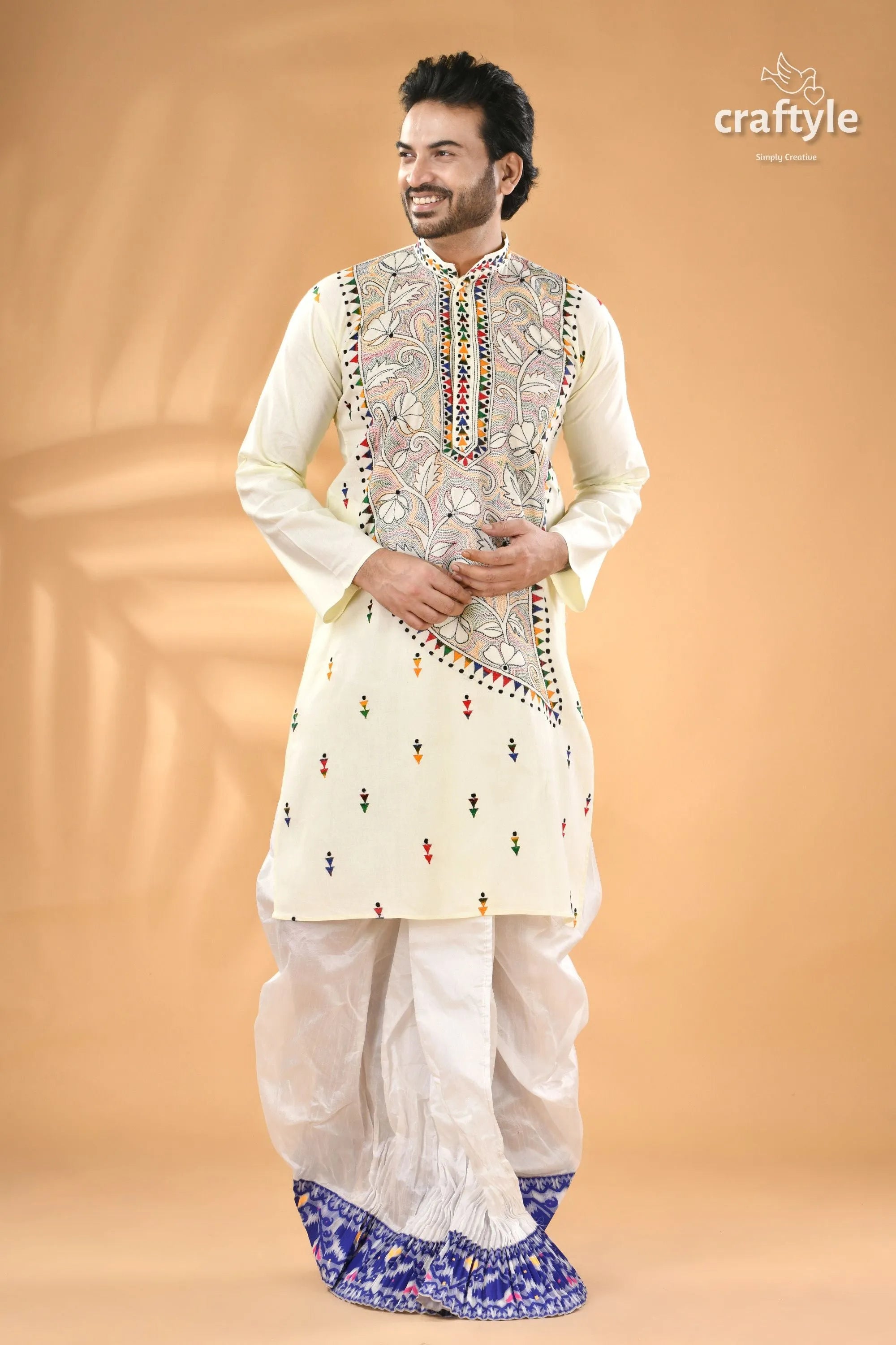 Ivory white kantha work men’s kurta - reverse stitch off-white colorful embroidered 5