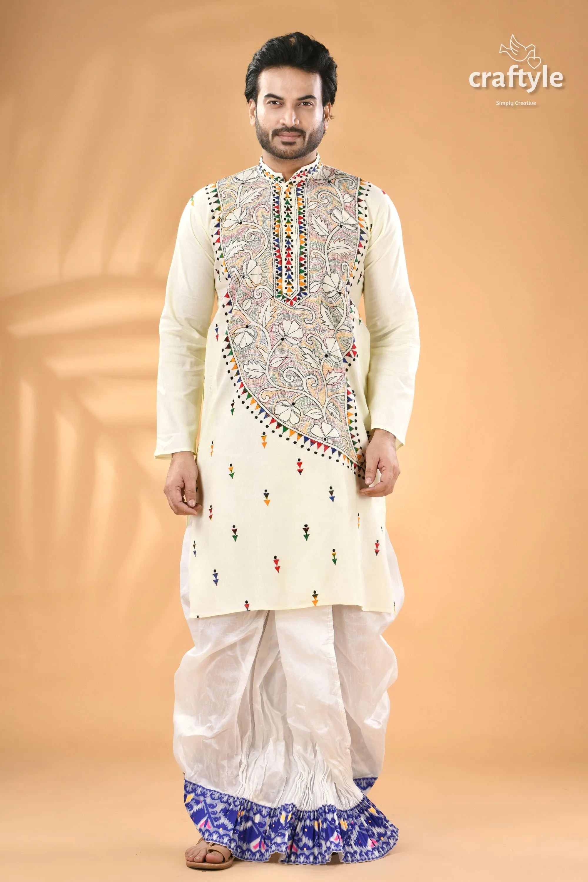 Ivory white kantha work men’s kurta - reverse stitch cream-colored colorful tribal-inspired 1
