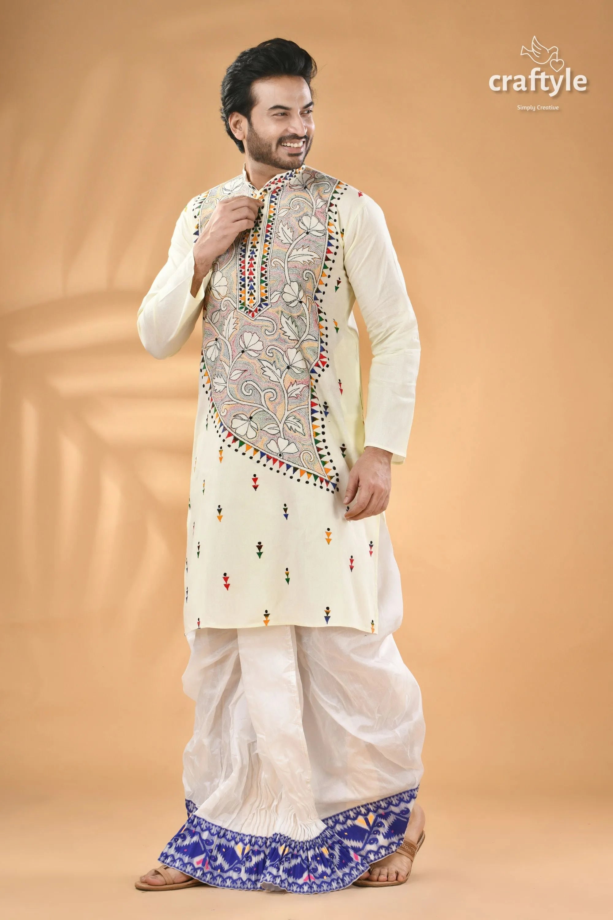 Ivory white kantha work men’s kurta - reverse stitch cream-colored colorful embroidery 4