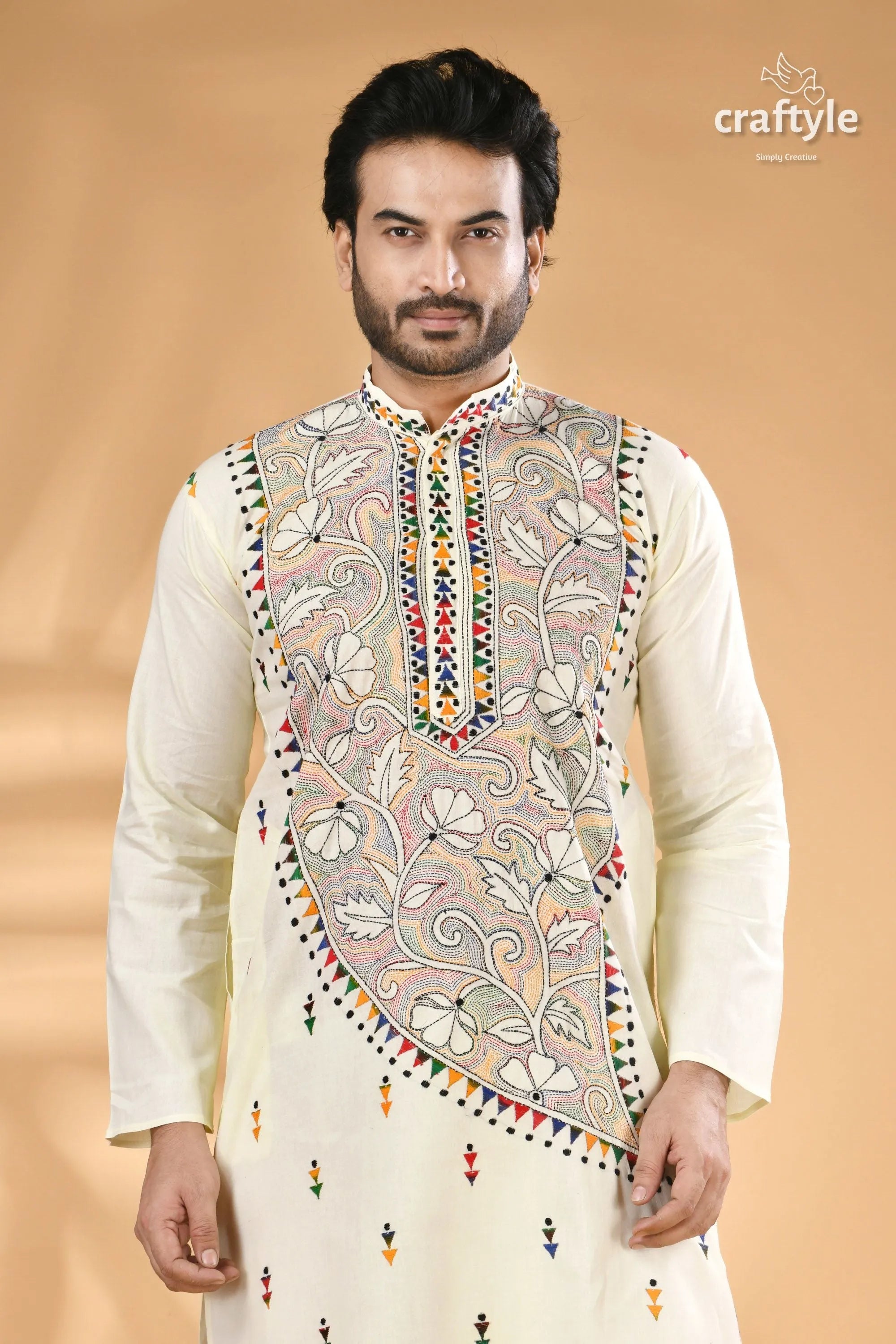 Ivory white kantha work men’s kurta - reverse stitch off-white colorful embroidered 2