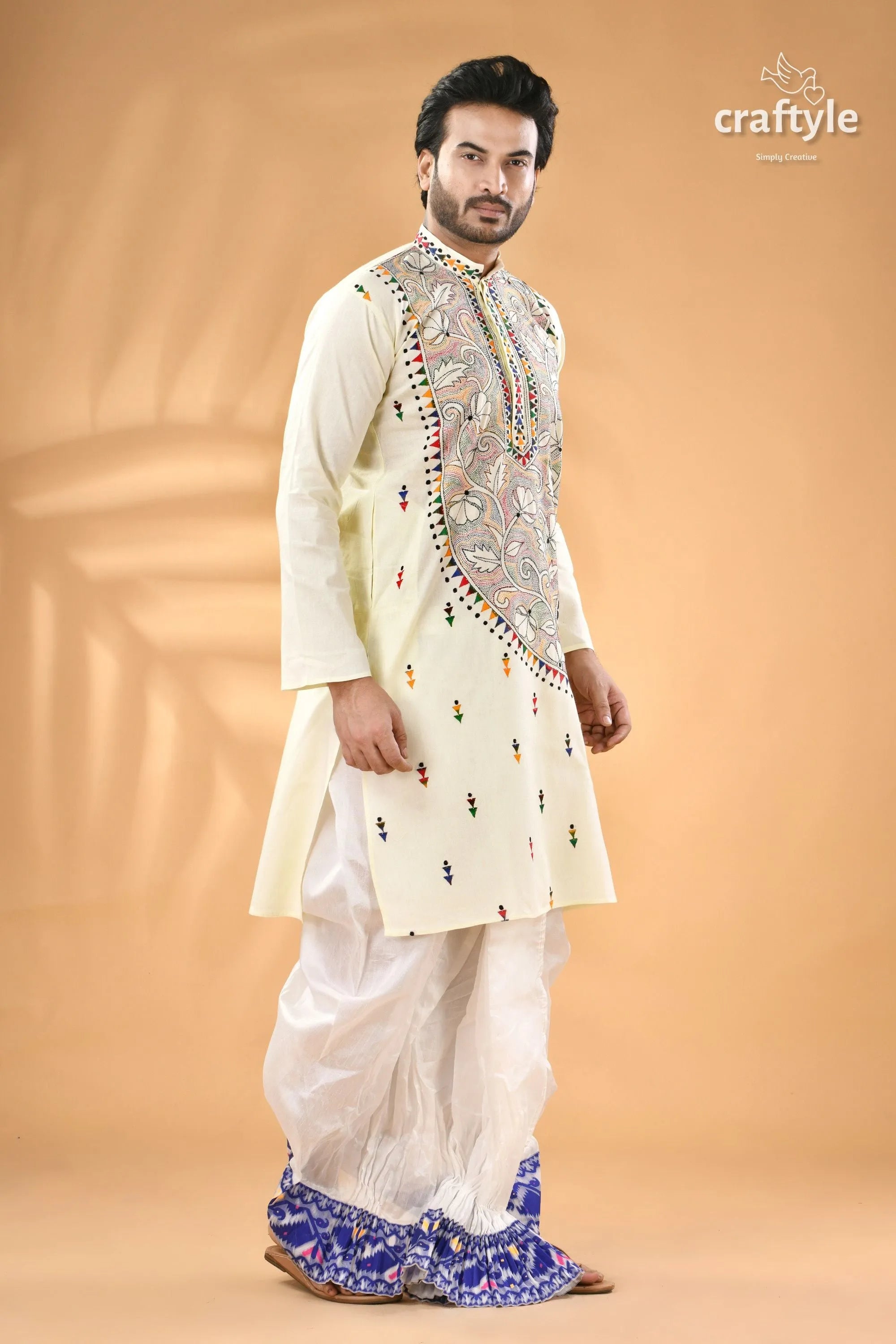 Ivory white kantha work men’s kurta - reverse stitch off-white colorful embroidery 3