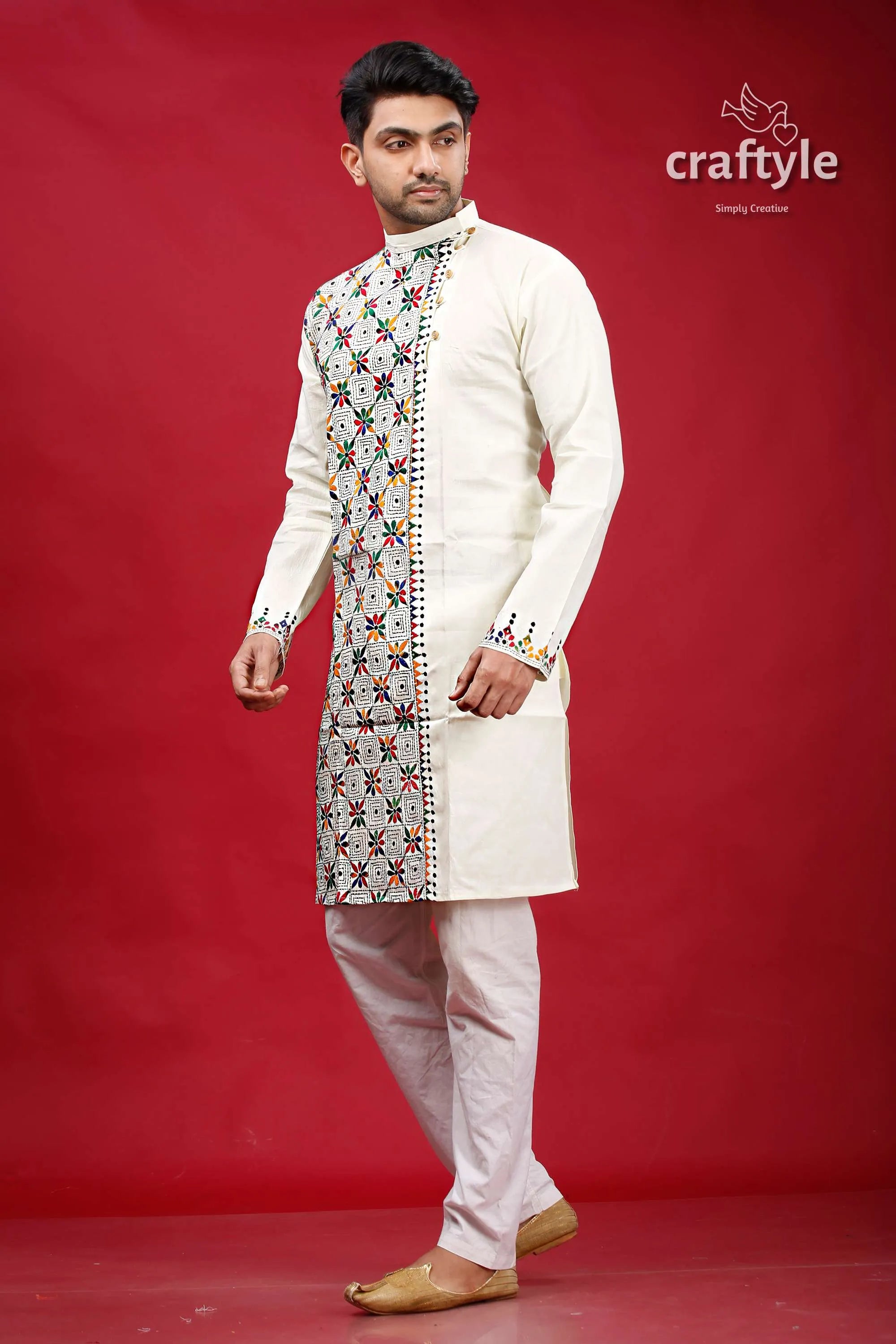 Ivory white multicolor kantha stitch cotton kurta for men cream-colored intricate multicolored geometric 3