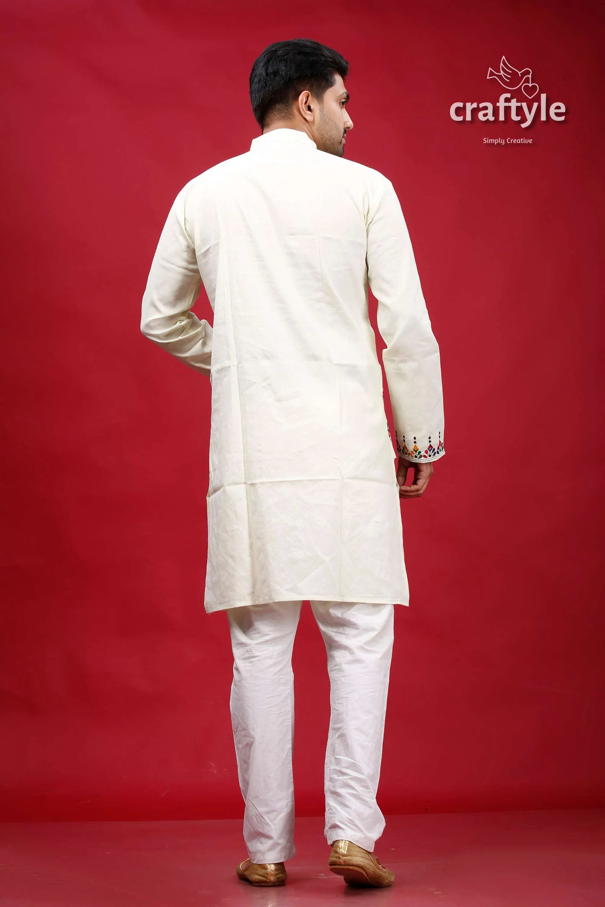 Ivory white multicolor kantha stitch cotton kurta for men cream-colored long-sleeved intricate embroidered 5