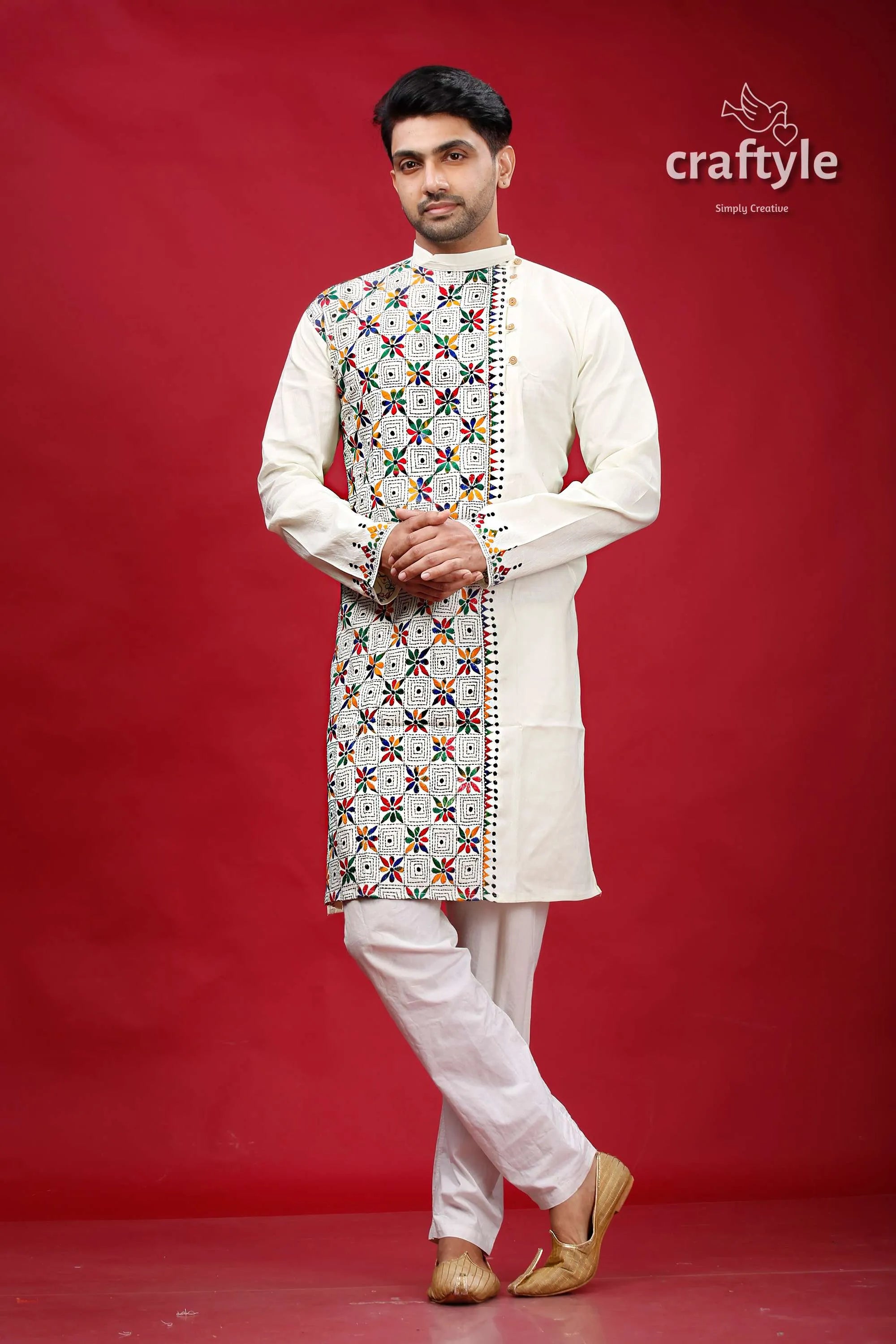 Ivory white multicolor kantha stitch cotton kurta for men man cream-colored intricate multicolored 1