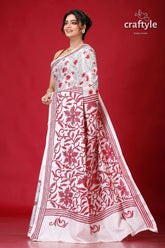 Ivory white red thread work silk kantha stitch saree woman white red floral saree 3