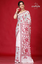 Ivory white red thread work silk kantha stitch saree white saree red floral embroidery 1