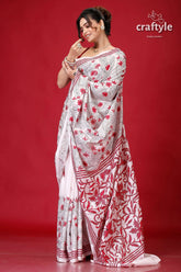 Ivory white red thread work silk kantha stitch saree white saree red floral embroidery 4