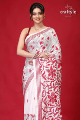 Ivory white red thread work silk kantha stitch saree white saree red floral embroidery 2