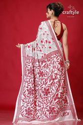 Ivory white red thread work silk kantha stitch saree white saree red floral embroidery 5