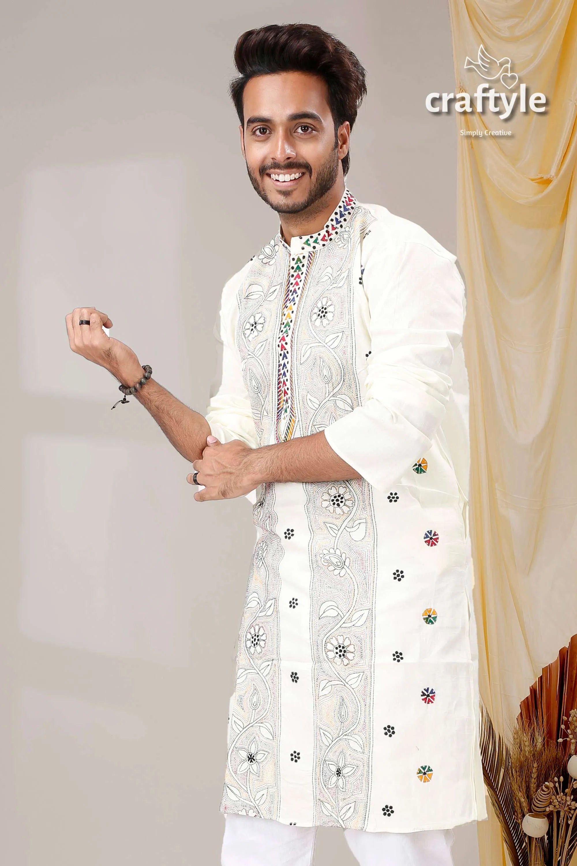 Ivory white reverse kantha stitch design cotton kurta for men embroidered intricate floral 2
