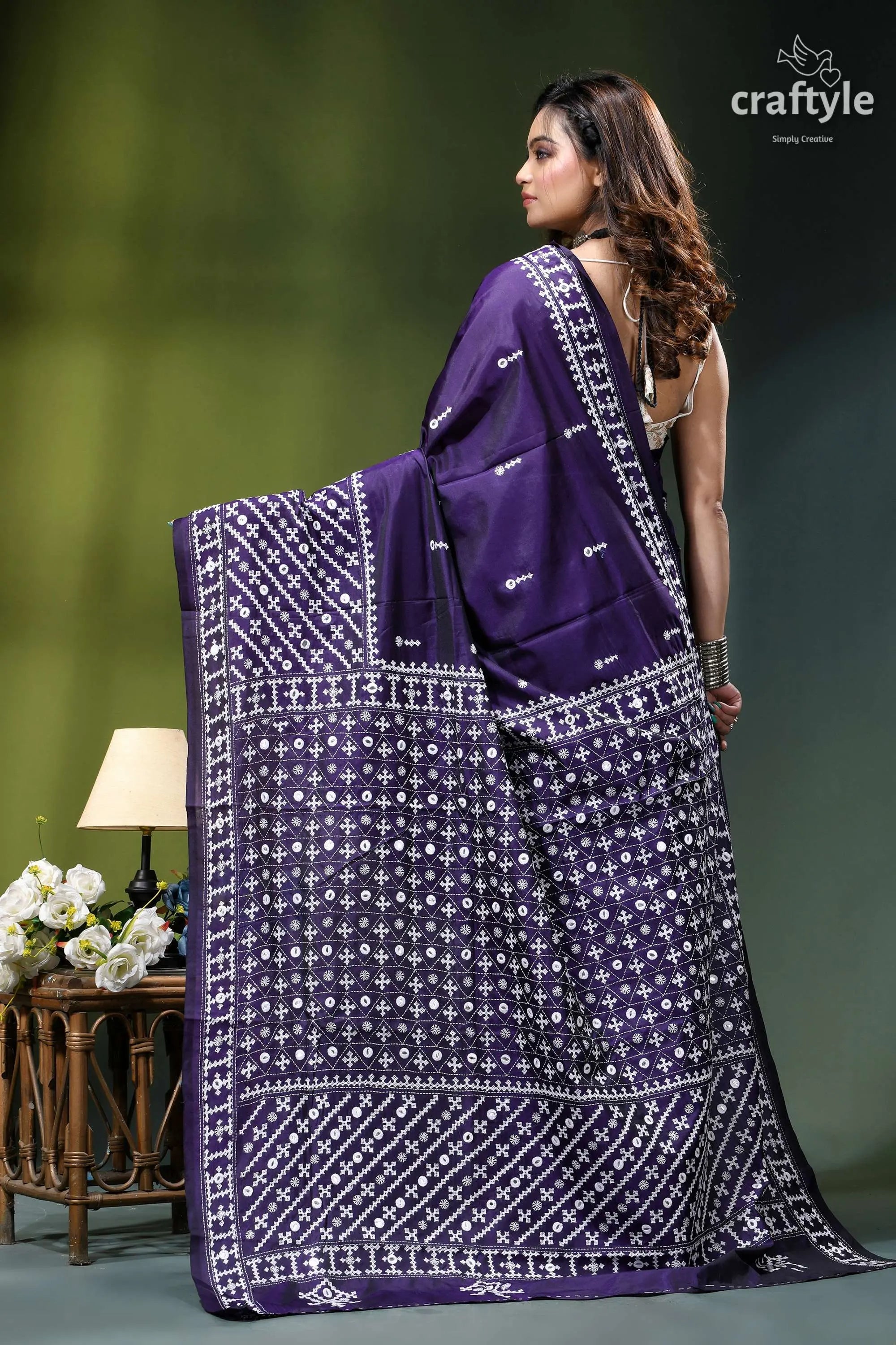 Jacarta blue intricate gujrati stitched silk saree with mirror work deep purple saree intricate white 5