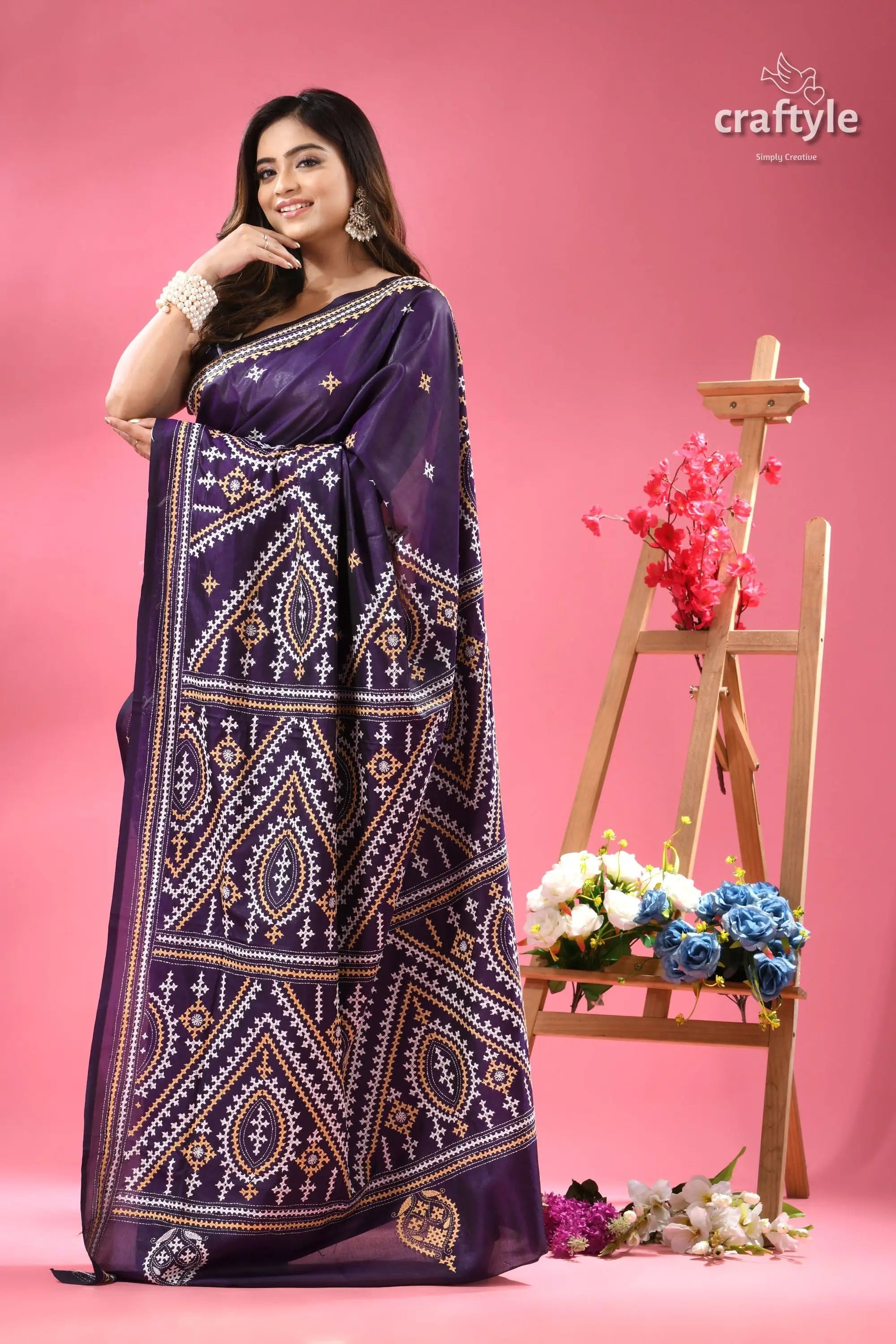 Jacarta silk gujrati stitch saree for women young woman dark purple silk 3